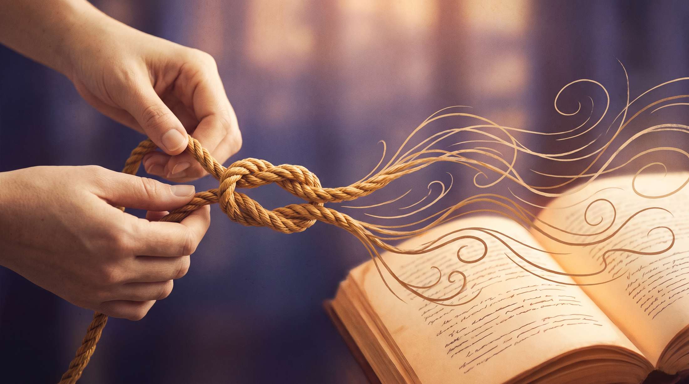 Two hands untying a golden knot that unspools into the lines of an open book, illustrating the denouement