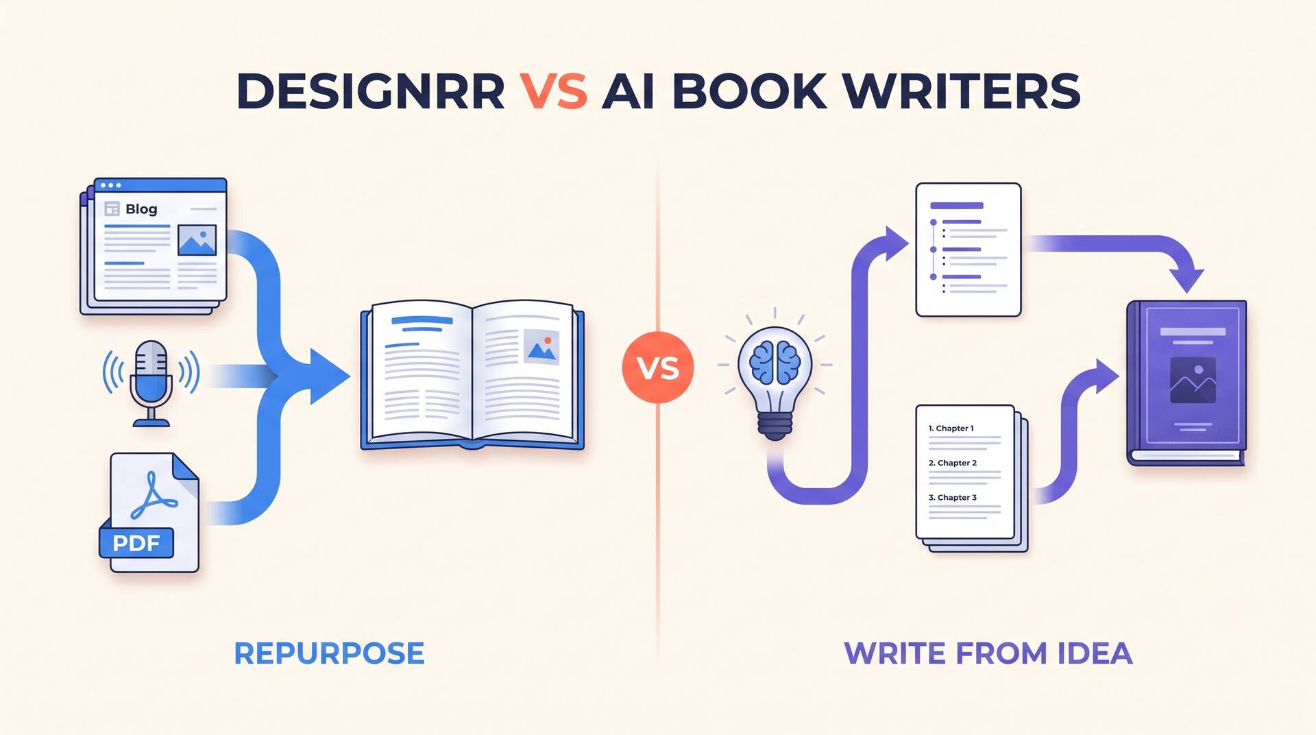 Split comparison illustration: on the left, existing content like a blog, podcast, and PDF turned into an ebook; on the right, an idea turned into an outline and a finished book