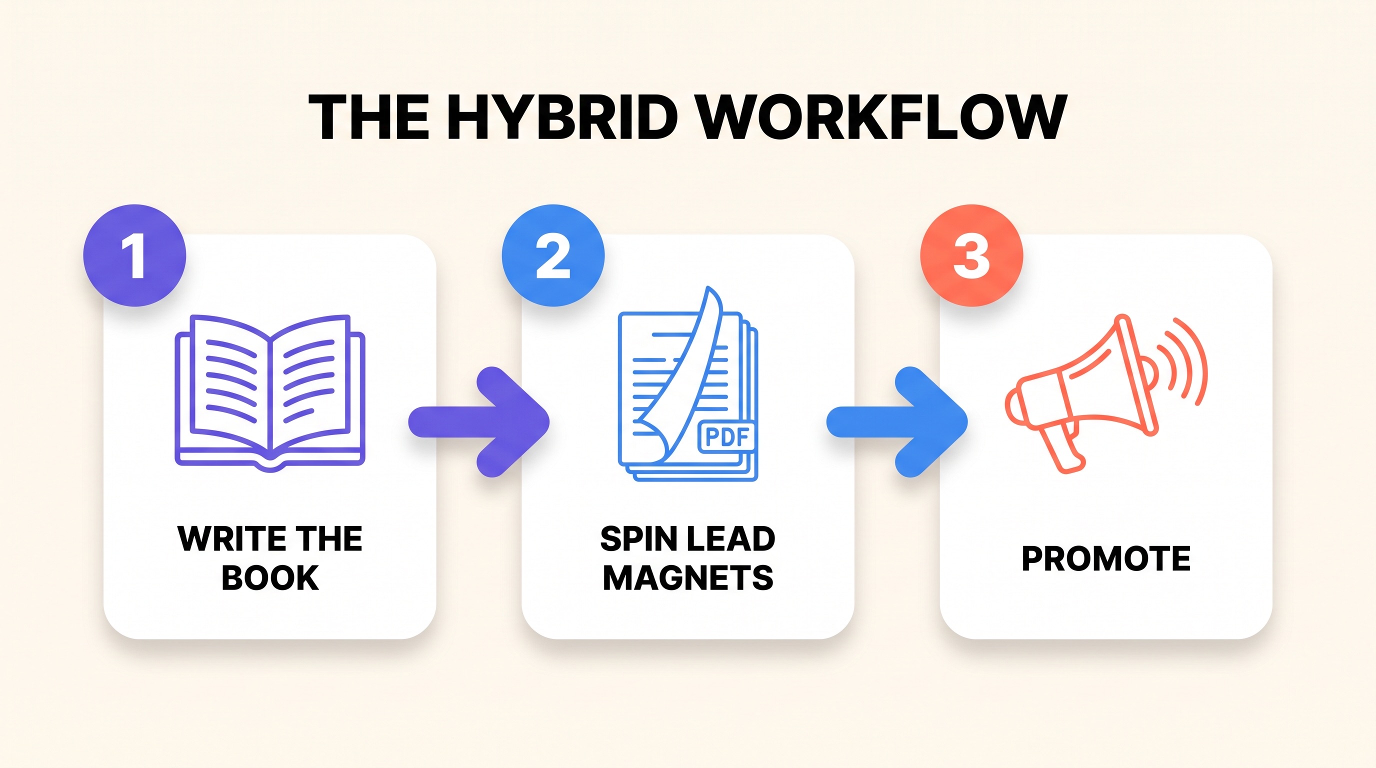 Infographie d'un flux de travail hybride en trois étapes : écris le livre, génère des lead magnets, puis fais la promotion