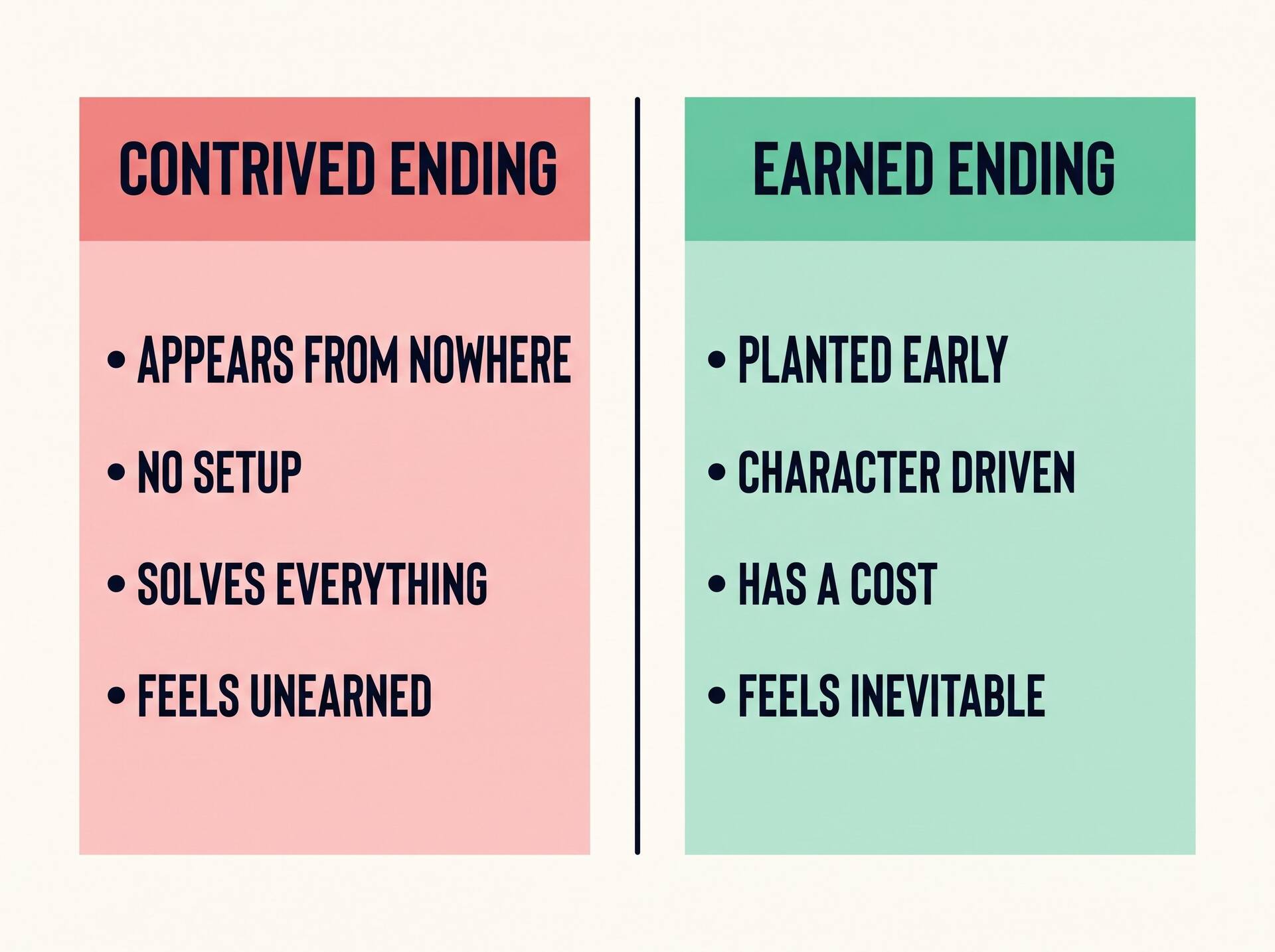 Side-by-side comparison of a contrived ending and an earned ending across four story traits