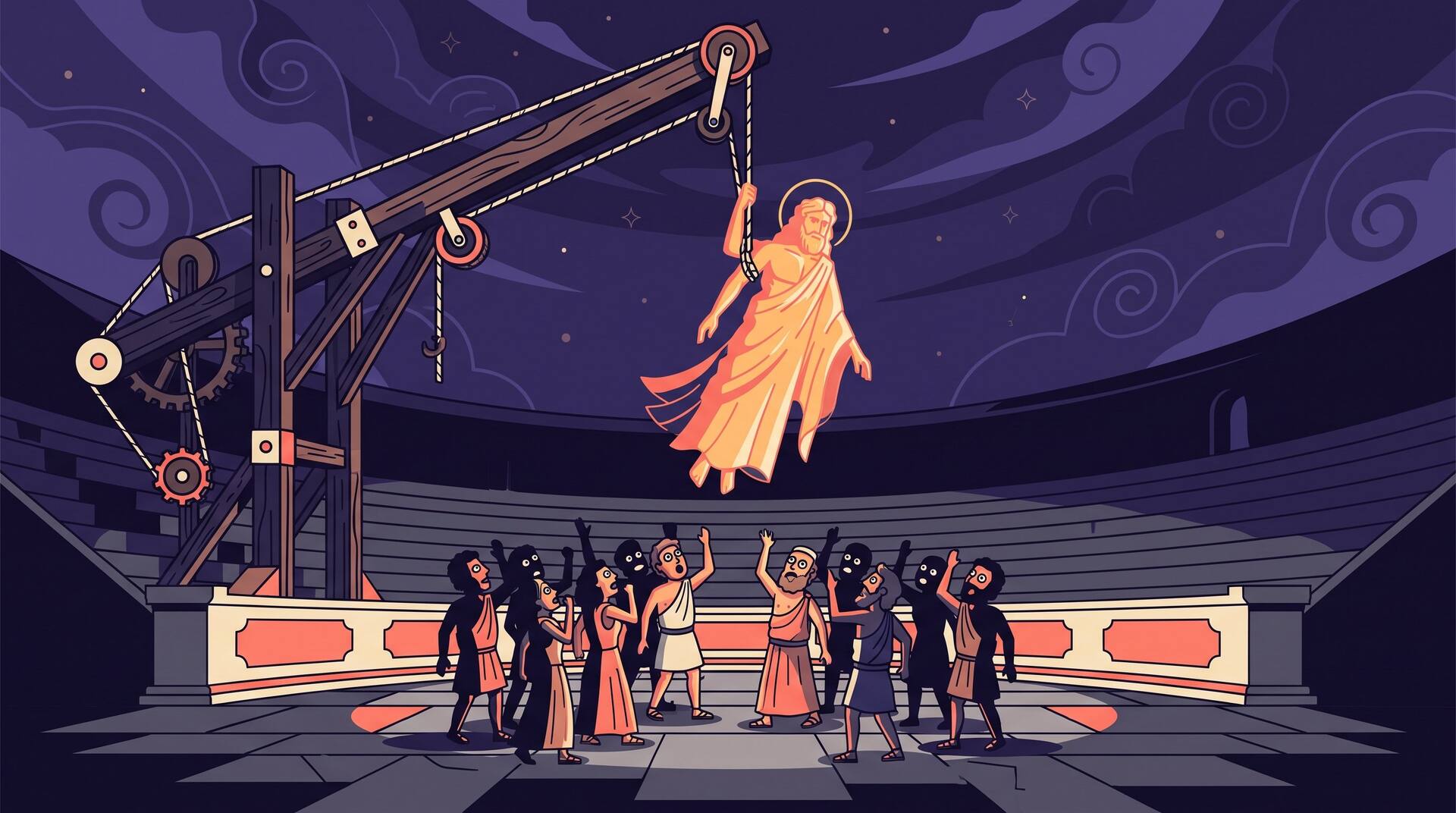 A golden god figure lowered by a wooden crane onto an ancient Greek theatre stage before an astonished crowd