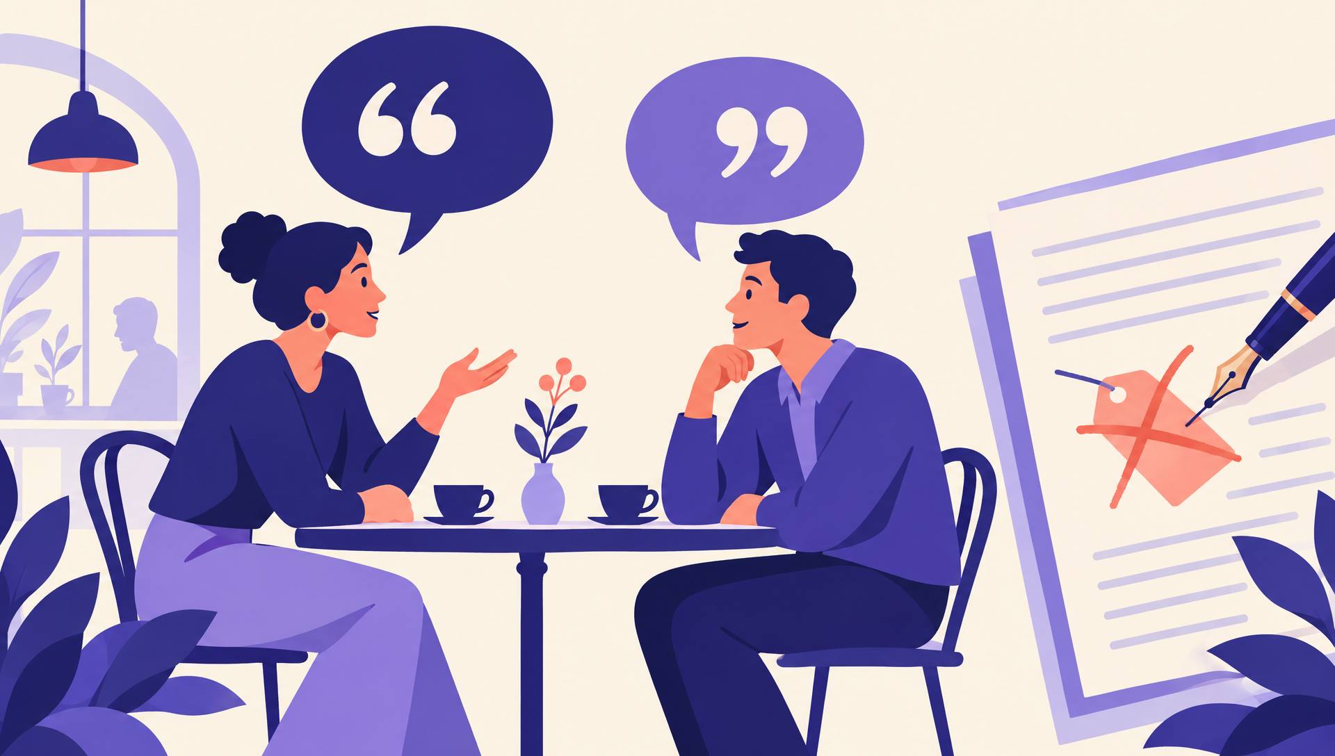 Two characters talking at a café table with speech bubbles while a pen crosses out a tag on a manuscript
