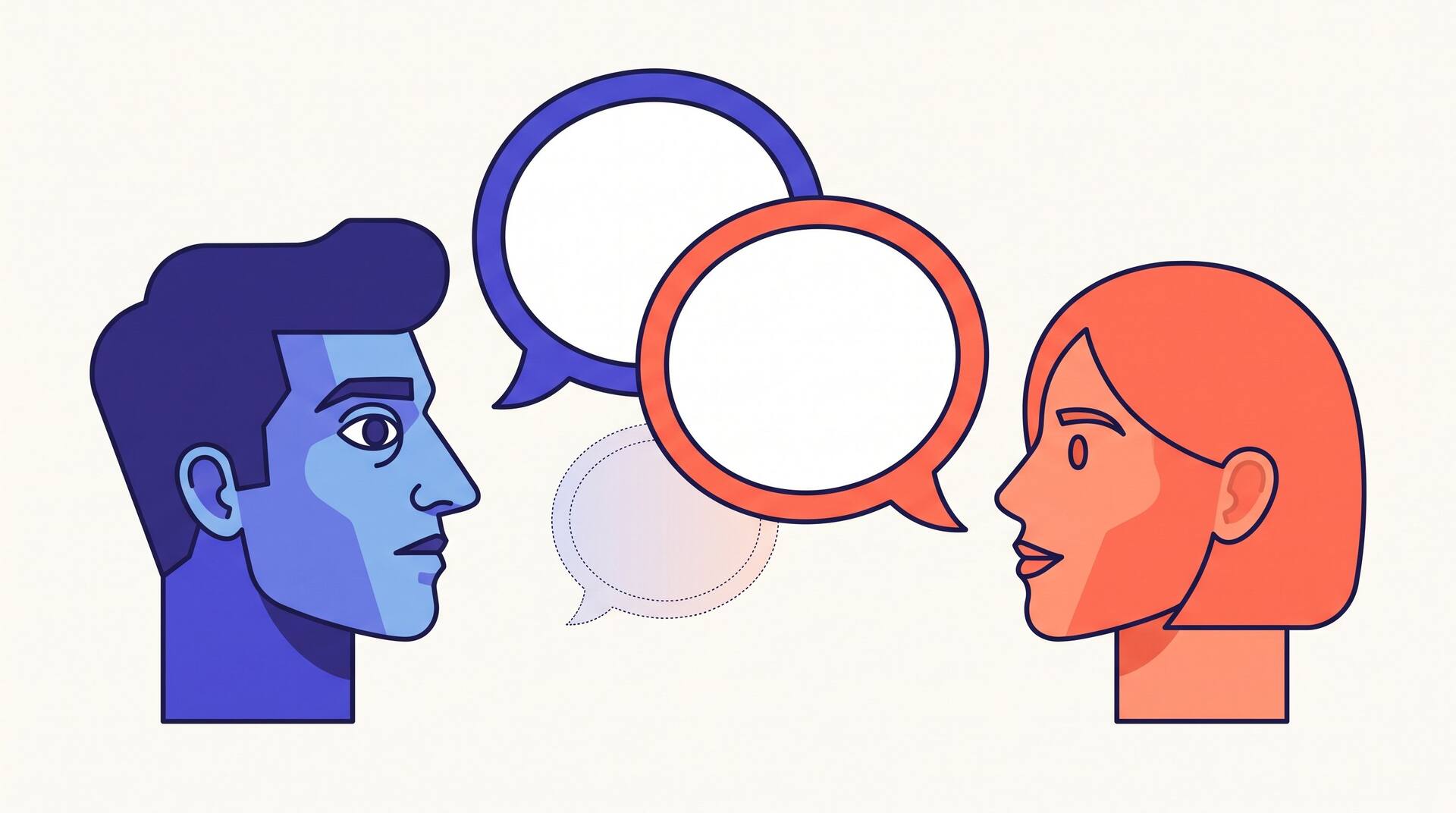 Two characters facing each other with overlapping speech bubbles and a faint subtext bubble between them