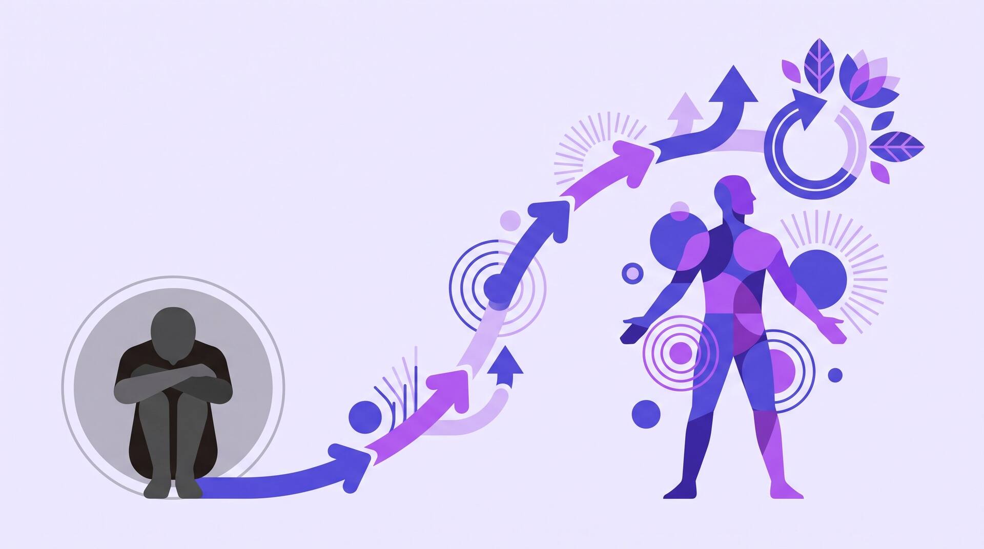 A character transformation arc, from a closed gray figure on the left to an open, colorful, confident figure on the right