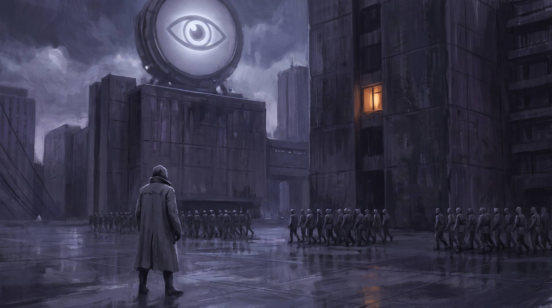 A lone figure in a long coat stands in a rain-soaked plaza while uniform crowds march past brutalist towers under a giant glowing eye