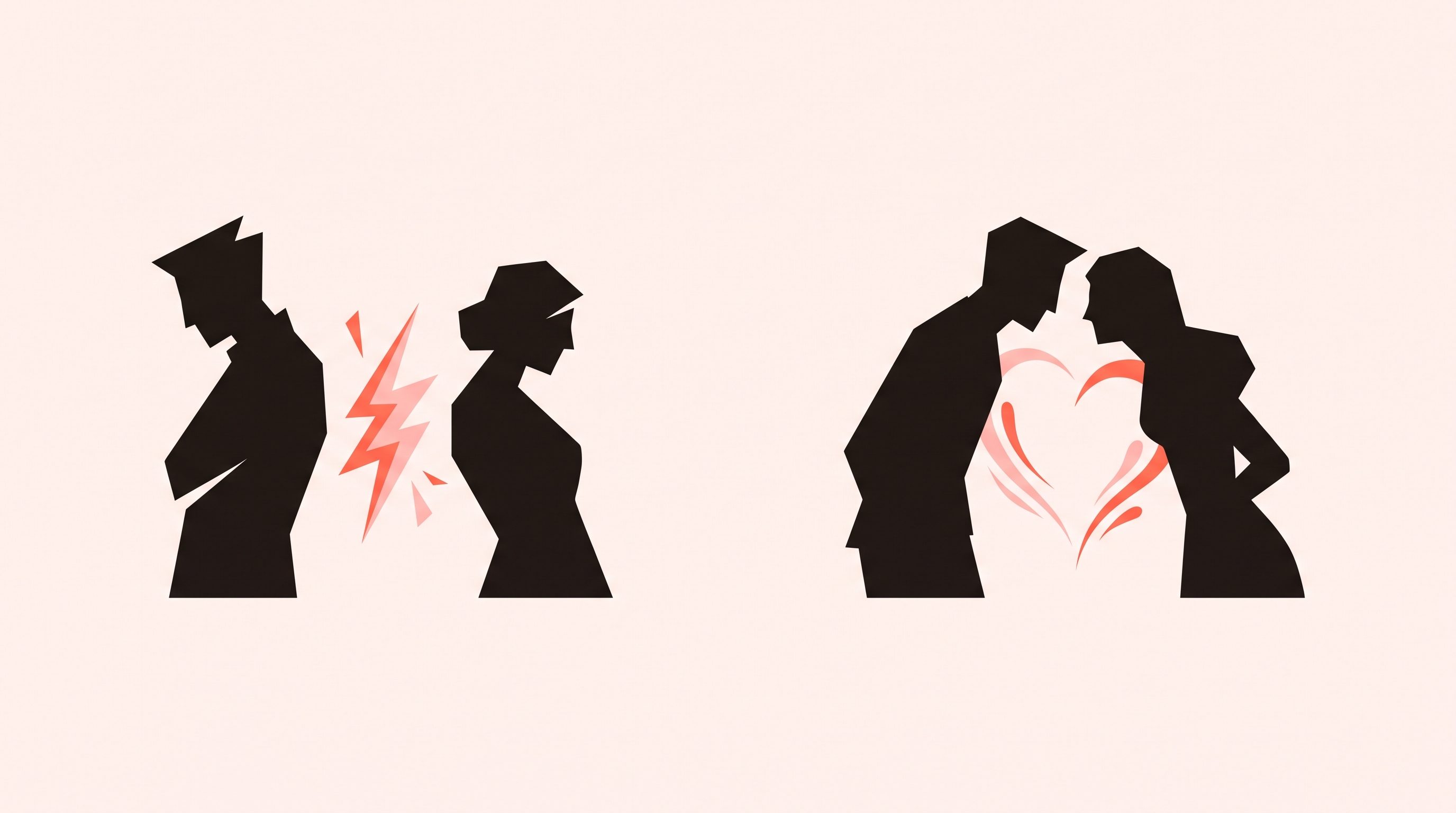 Two character silhouettes moving from conflict, with a spark of tension between them, to leaning together with a heart forming between them