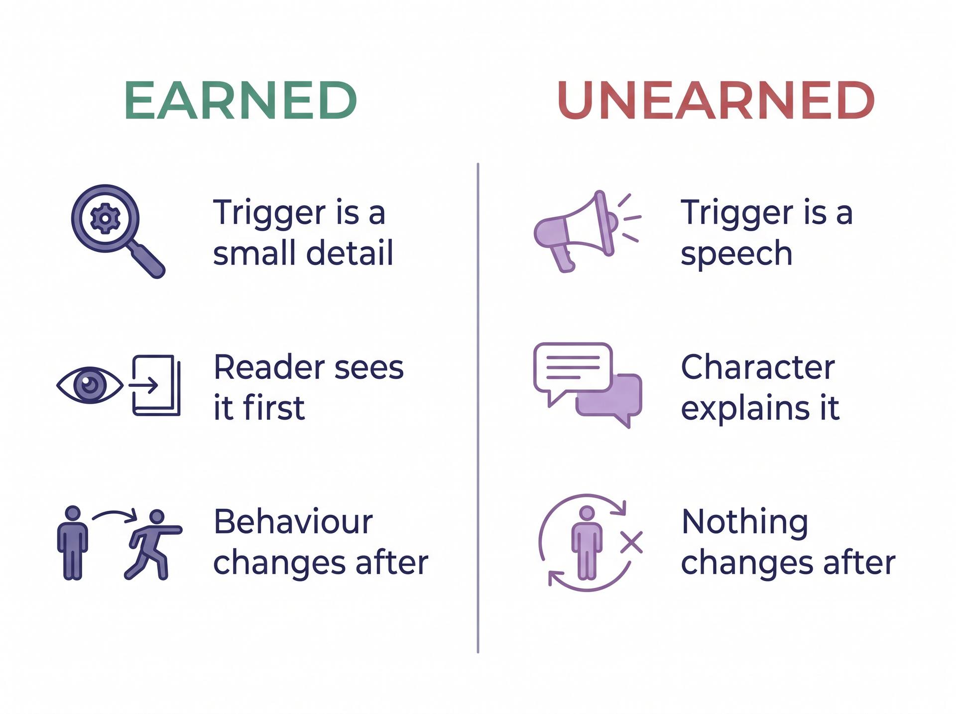 Two-column comparison chart contrasting an earned epiphany with an unearned one across trigger, reader knowledge and consequence