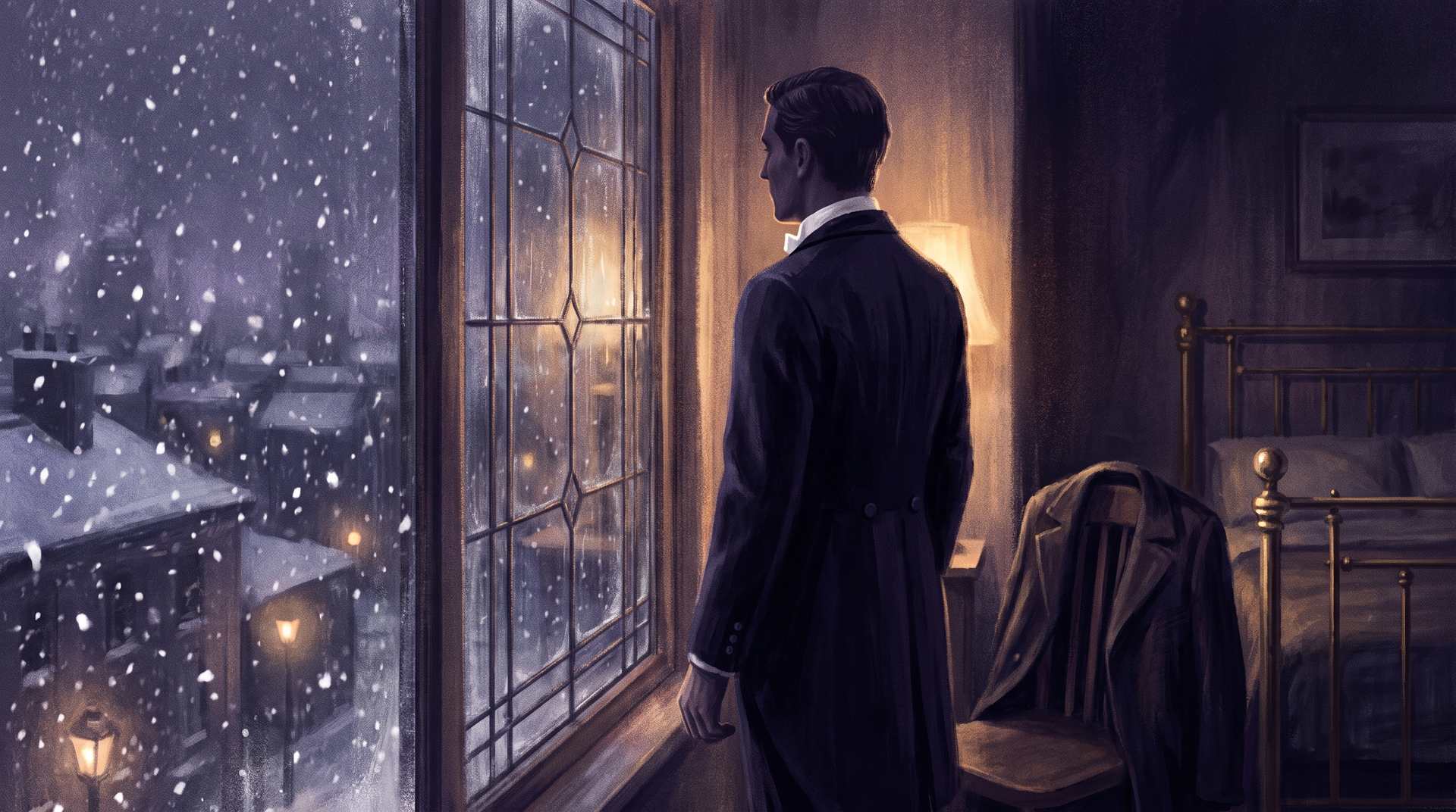 A man in evening dress standing alone at a dark window watching snow fall over rooftops at night