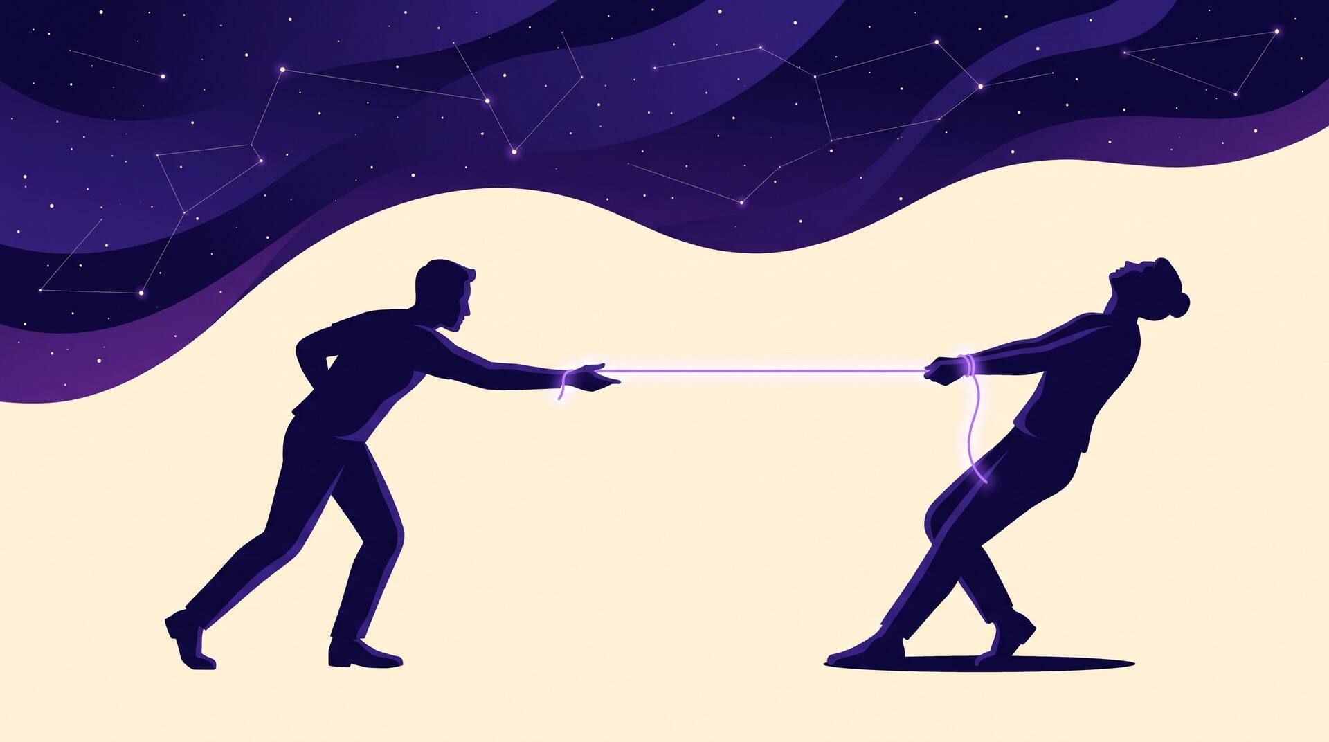 Two silhouetted figures joined at the wrists by a glowing violet thread under a starry sky, one leaning toward it and one pulling away