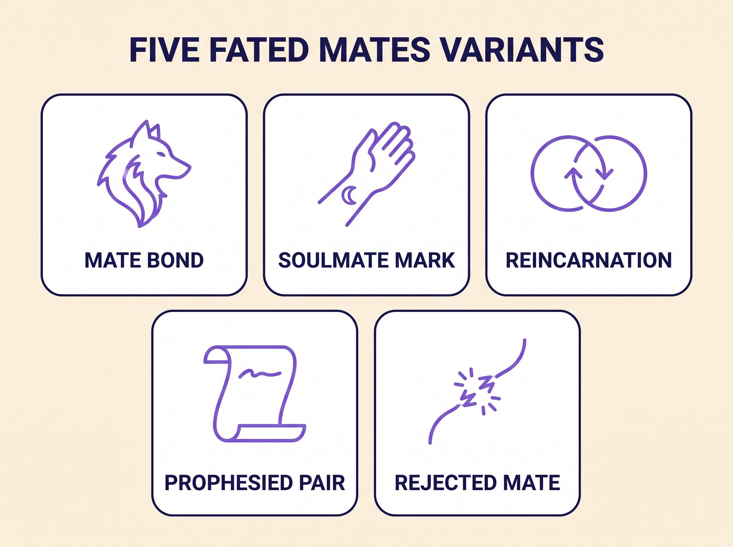 Infographic of five fated mates variants: mate bond, soulmate mark, reincarnation, prophesied pair, and rejected mate