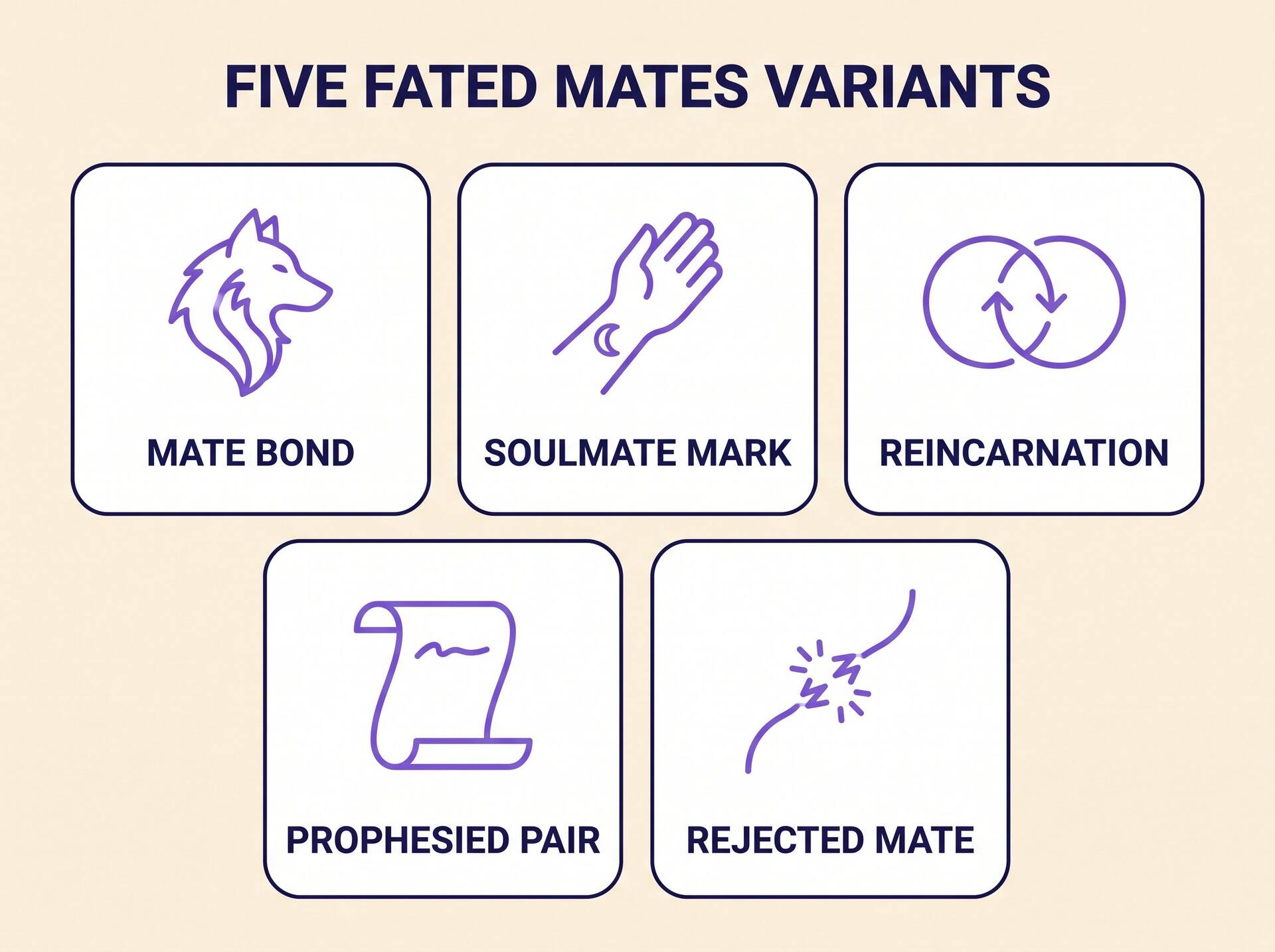 Infographic of five fated mates variants: mate bond, soulmate mark, reincarnation, prophesied pair, and rejected mate