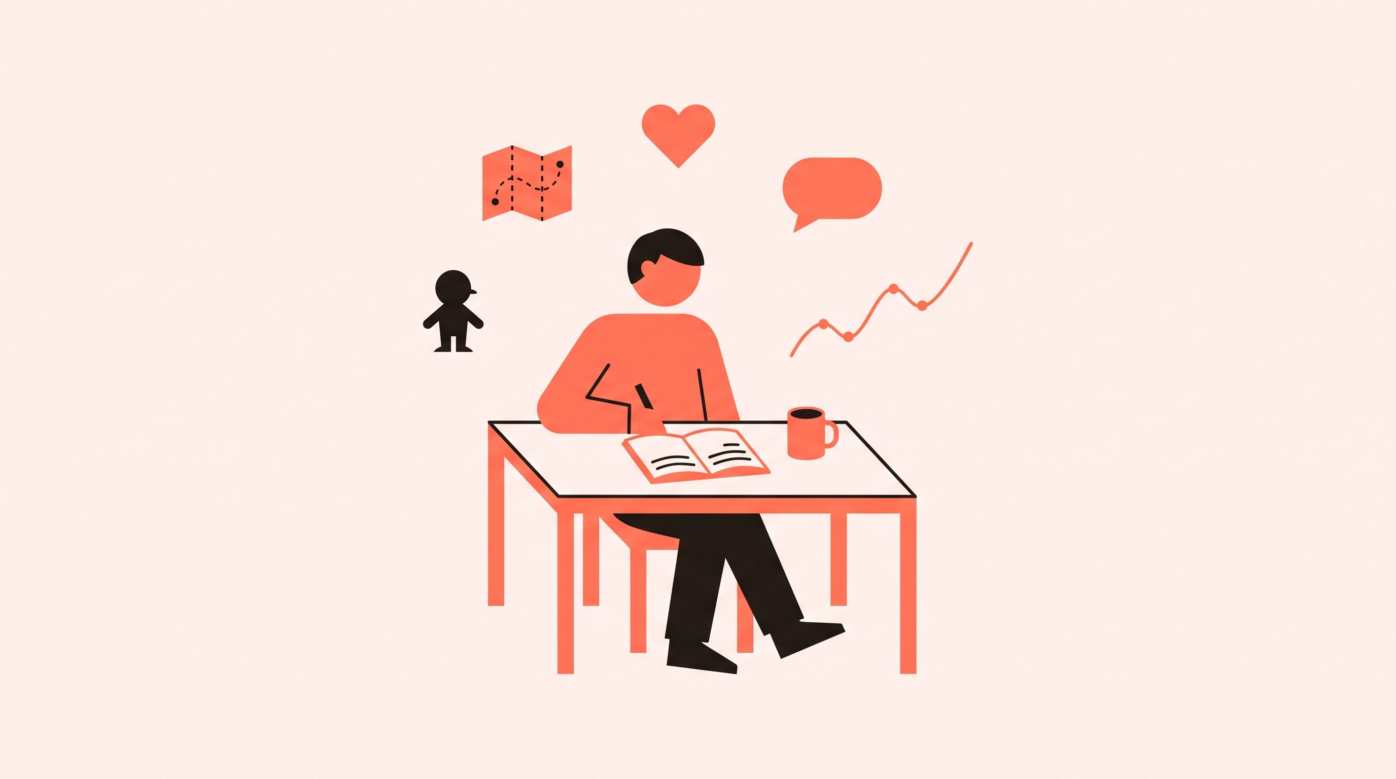 Um escritor de ficção iniciante em uma mesa aconchegante com um caderno, cercado pela silhueta de um personagem, um mapa, um coração, um balão de fala e uma curva de tensão narrativa ascendente