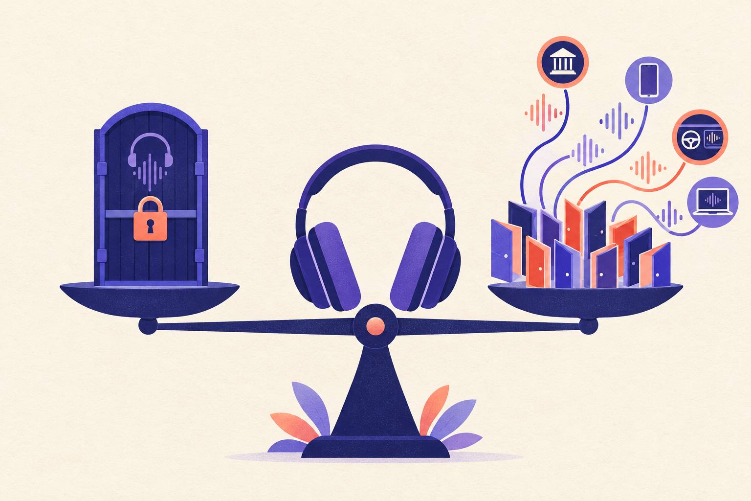 A balance scale with headphones in the middle: one locked audiobook gate on the left, many open doors leading to libraries, phones and cars on the right
