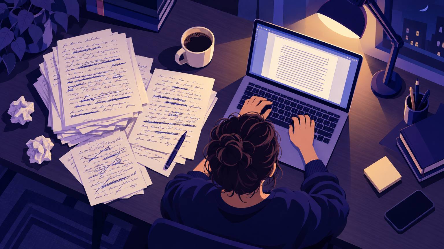 A writer's desk at night with crossed-out manuscript pages, a coffee mug and a laptop filling with text