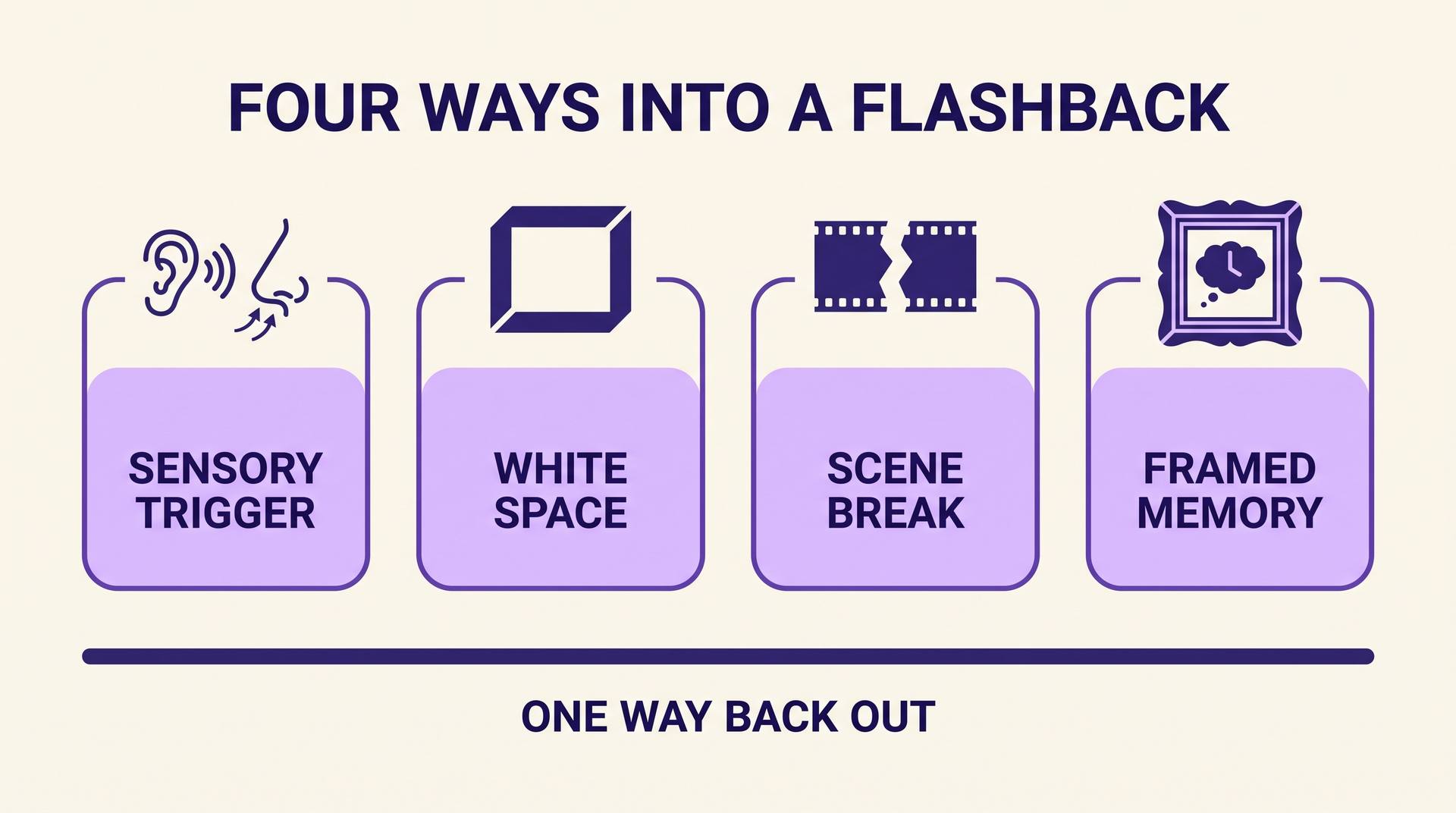 Infographic showing four ways into a flashback: sensory trigger, white space, scene break, and framed memory, above a single line reading one way back out
