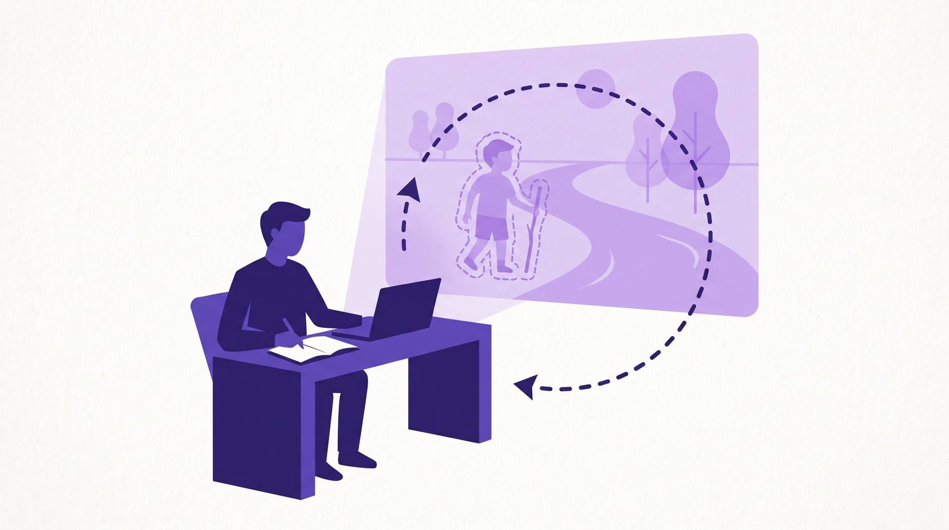 Illustration of a writer at a desk with a dashed line looping up into a translucent panel showing a childhood memory and back down again