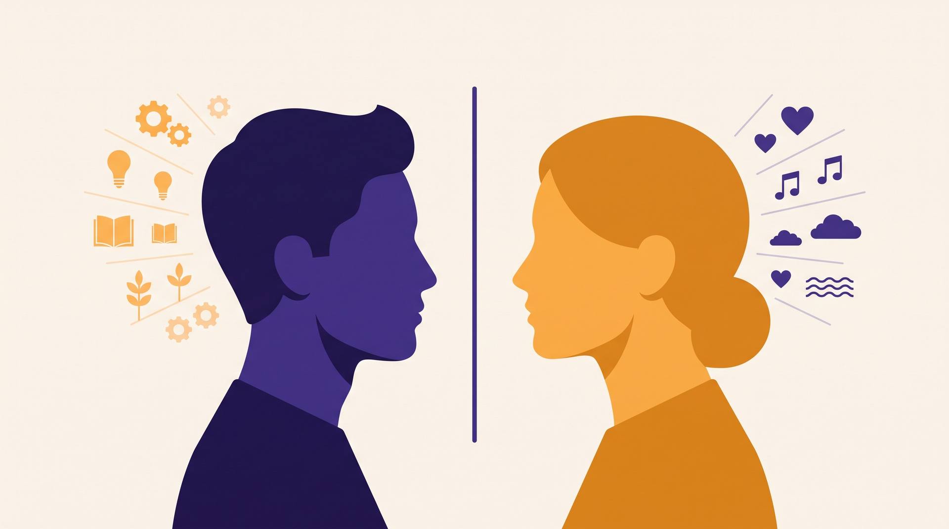 Two character profiles facing each other across a dividing line, each surrounded by contrasting traits