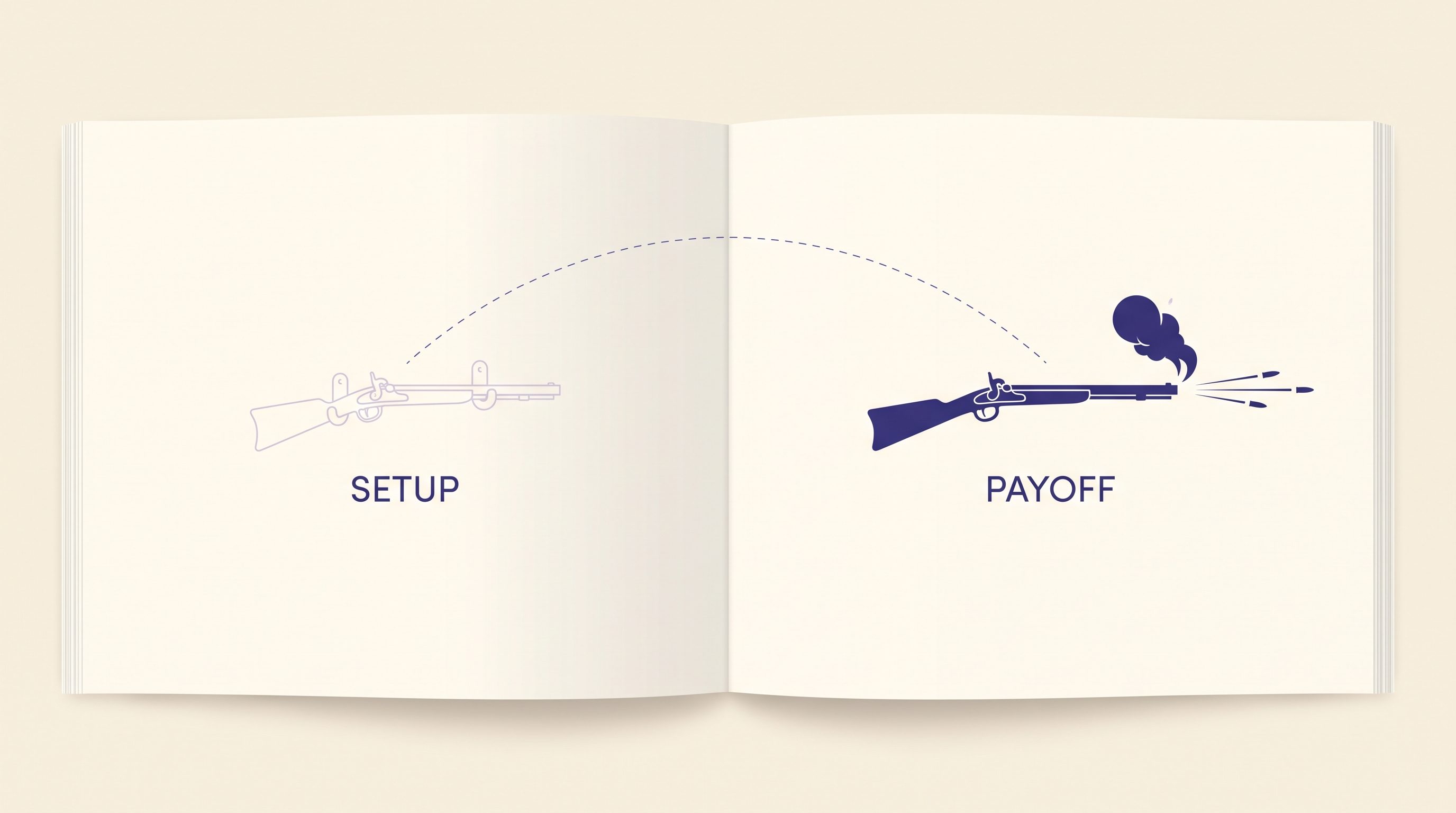 Open book spread with a faint rifle on the left page labelled Setup and the same rifle firing on the right page labelled Payoff, joined by a dashed arc