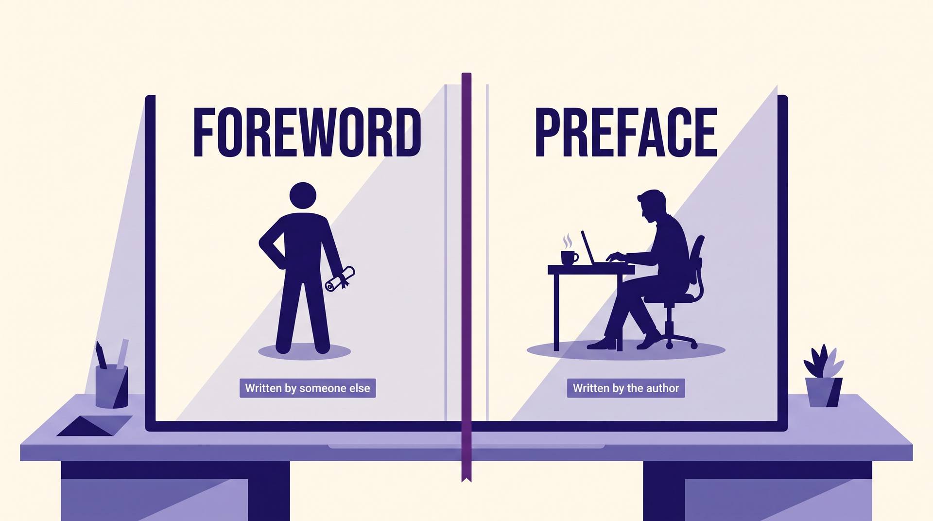 Two open book pages side by side, one headed Foreword and written by someone else, one headed Preface and written by the author