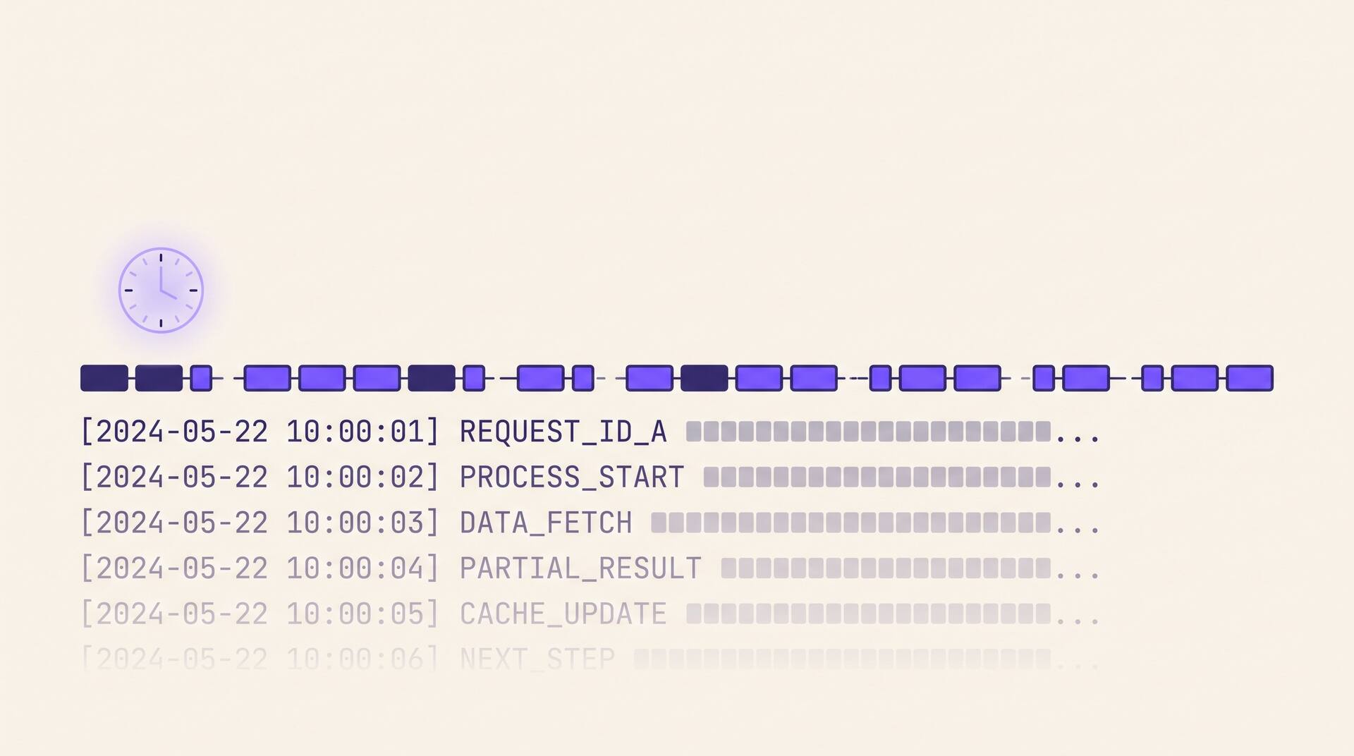 Flat vector illustration of a long job split into many short request segments above a fading wall of log lines