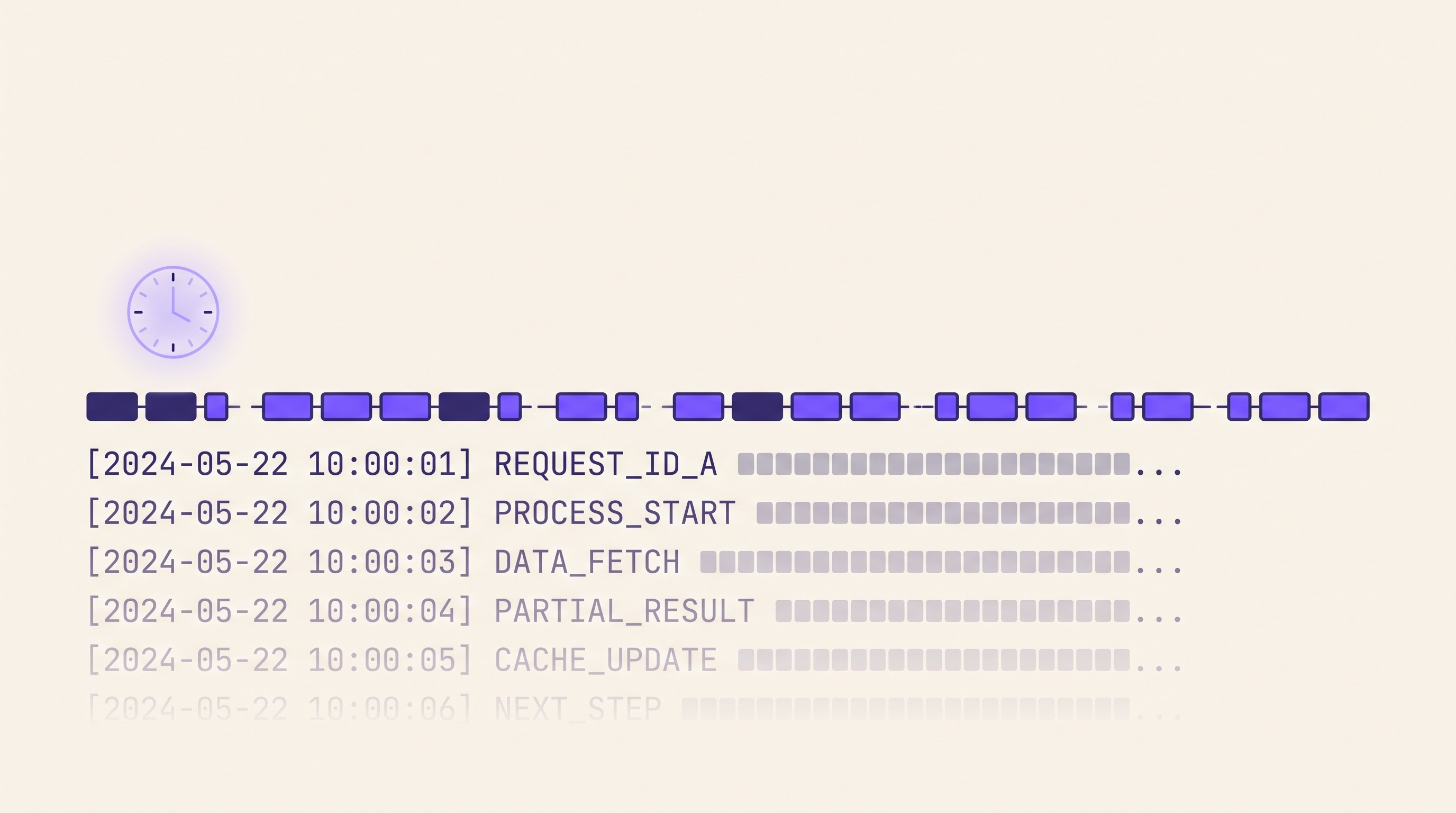 Flat vector illustration of a long job split into many short request segments above a fading wall of log lines