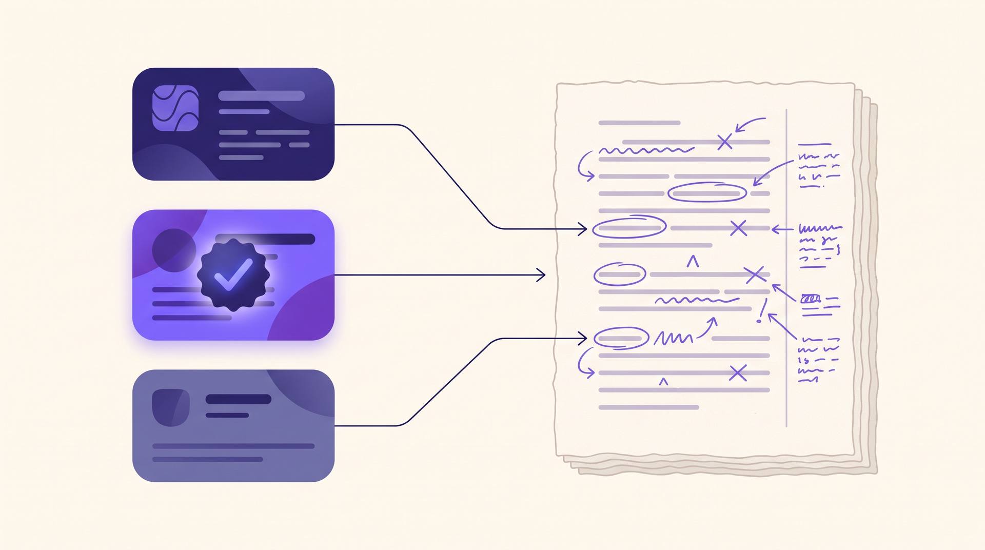 Three candidate editor cards on the left connected to a marked-up manuscript on the right, one candidate highlighted as chosen