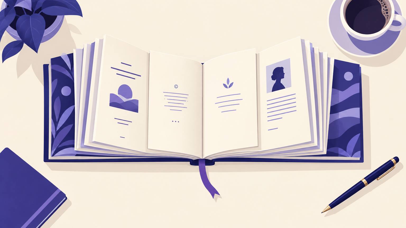 An open book with its opening and closing pages fanned out: title page, copyright page, dedication and about the author