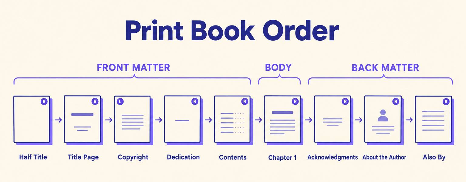 Diagram of print book order: half title, title page, copyright, dedication, contents, chapter one, acknowledgments, about the author, also by, with right and left page markers