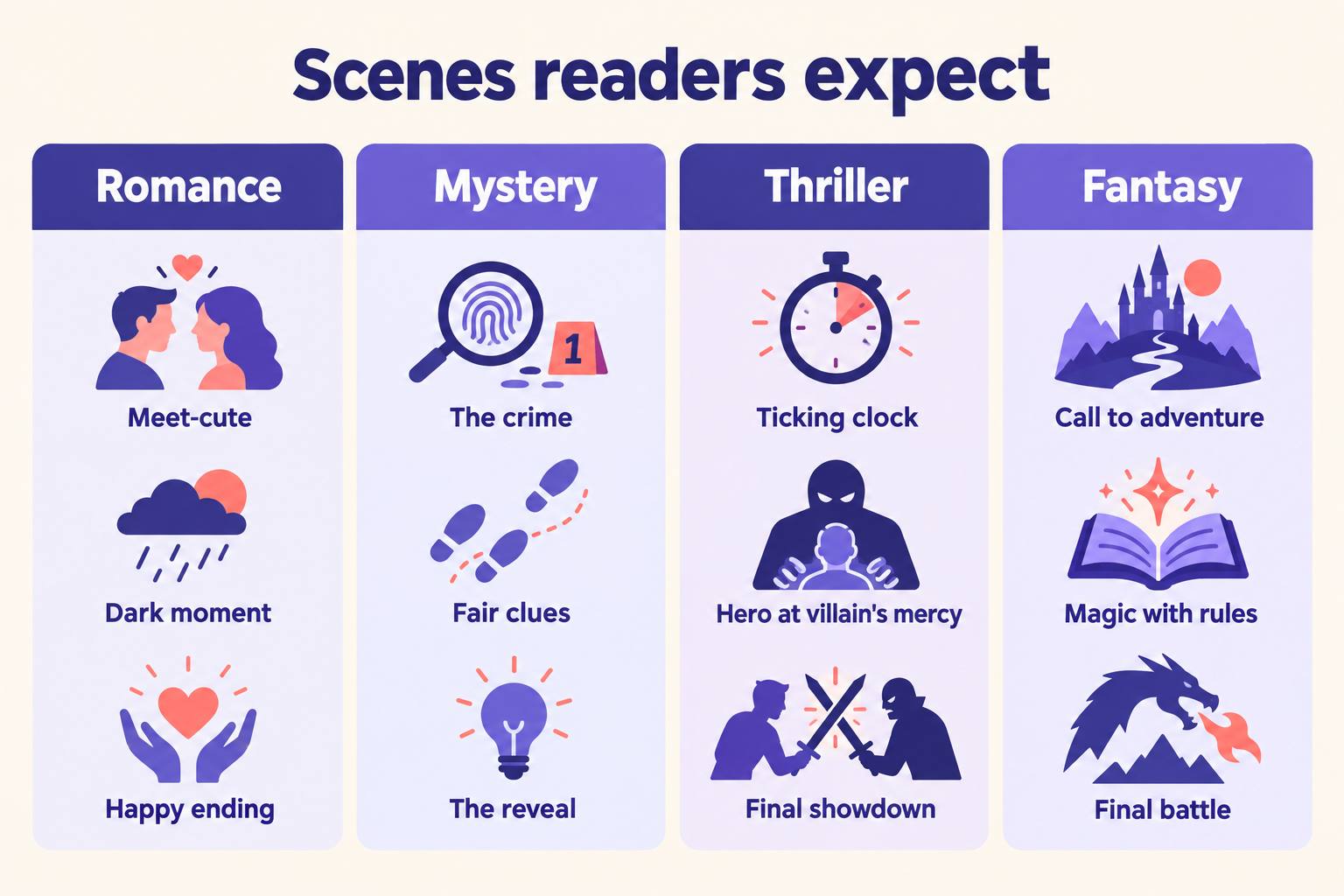 Infographic of scenes readers expect: romance meet-cute, dark moment and happy ending; mystery crime, fair clues and reveal; thriller ticking clock, hero at the villain's mercy and final showdown; fantasy call to adventure, magic with rules and final battle
