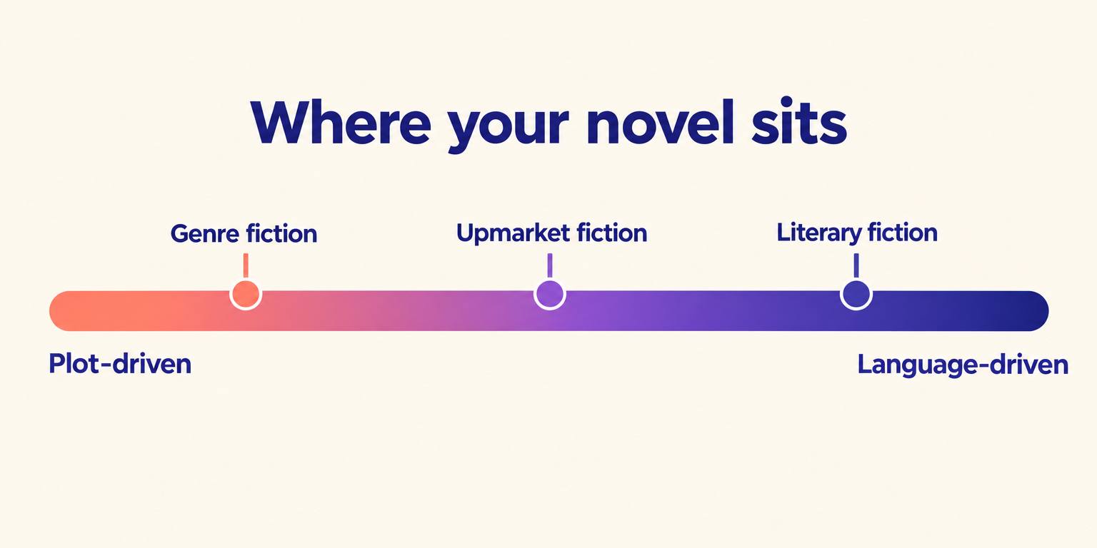 Spectrum from plot-driven to language-driven with genre fiction, upmarket fiction and literary fiction marked along it