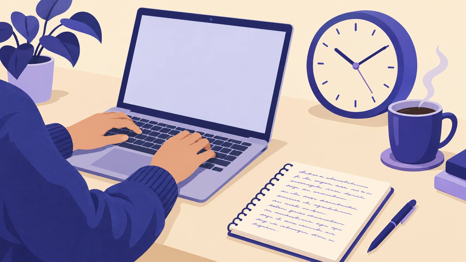 A writer typing on a laptop next to a large analog clock, a coffee mug and a handwritten notebook