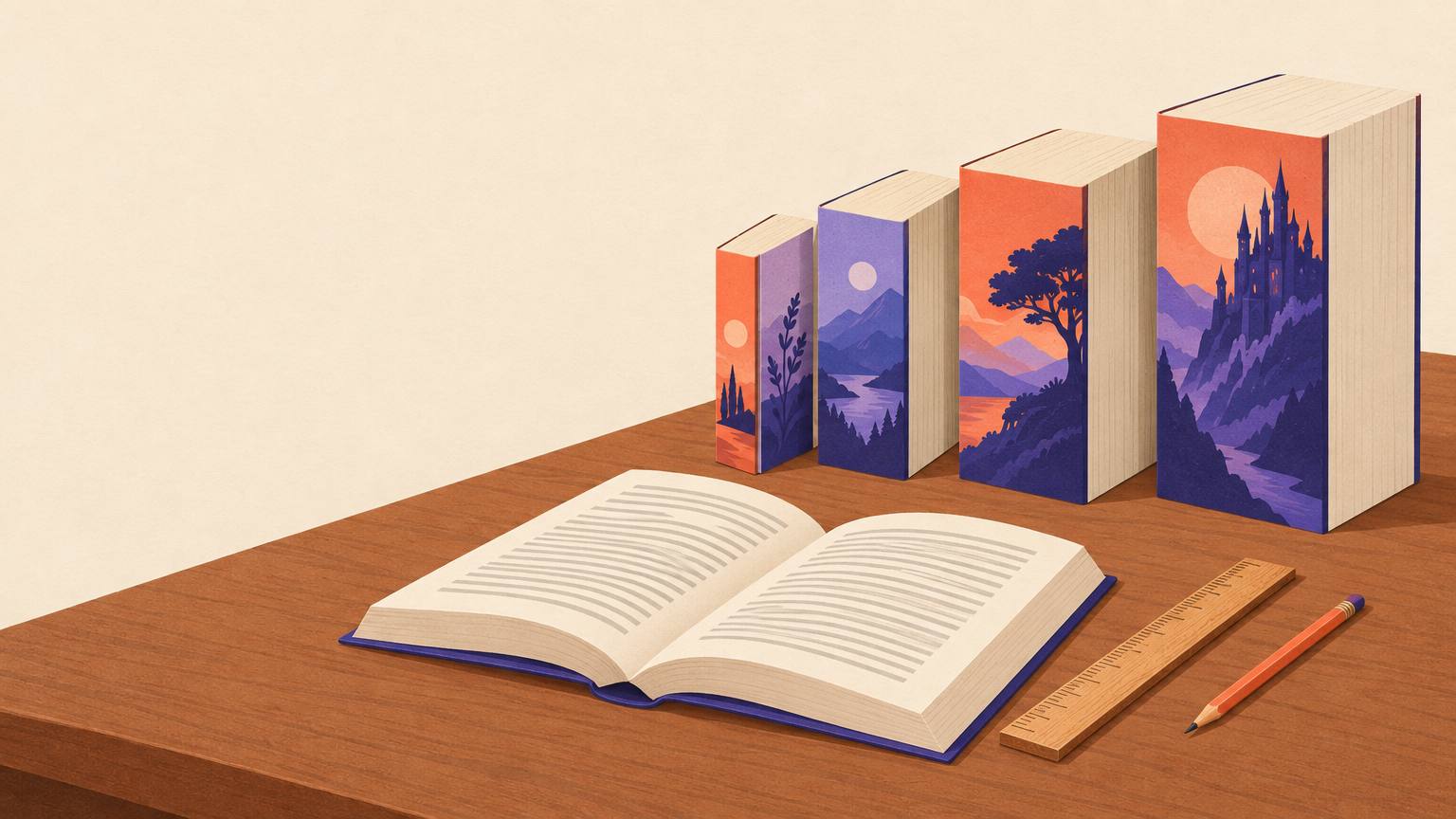 Five paperback novels of increasing thickness on a desk beside an open book, a ruler and a pencil