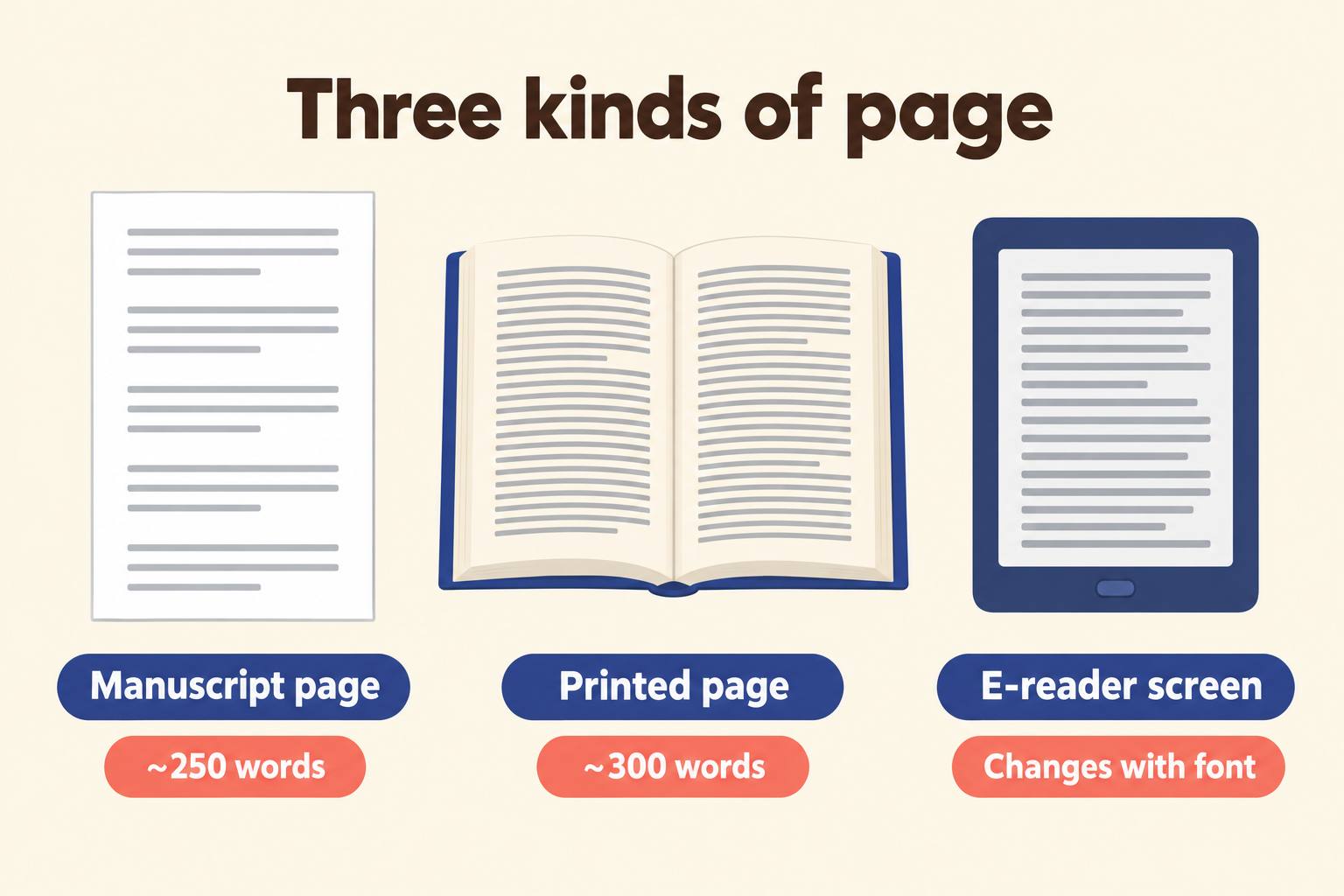 Infographic comparing a manuscript page of about 250 words, a printed page of about 300 words and an e-reader screen that changes with font size