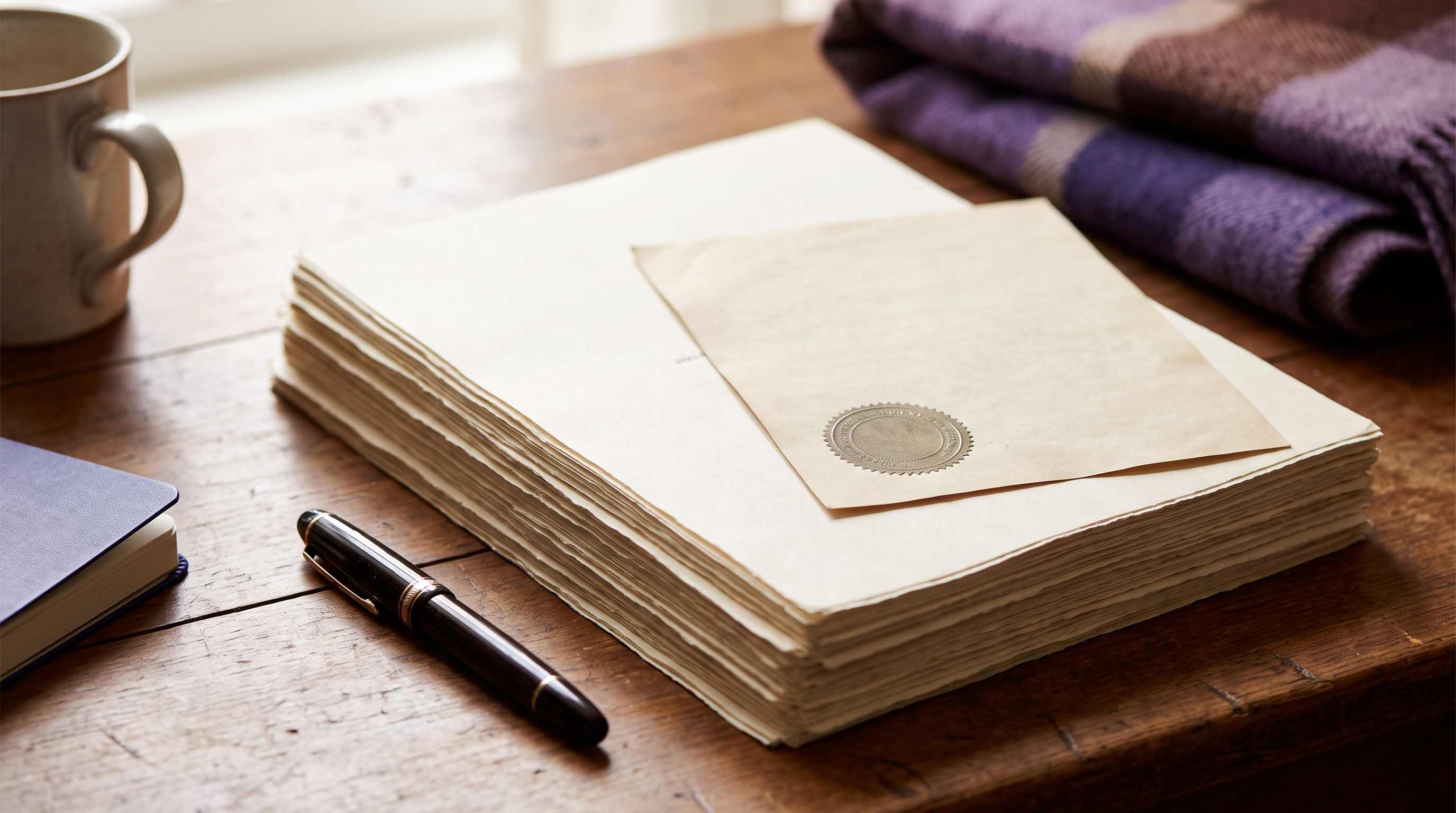 A finished manuscript on a writing desk with a sealed certificate resting on top
