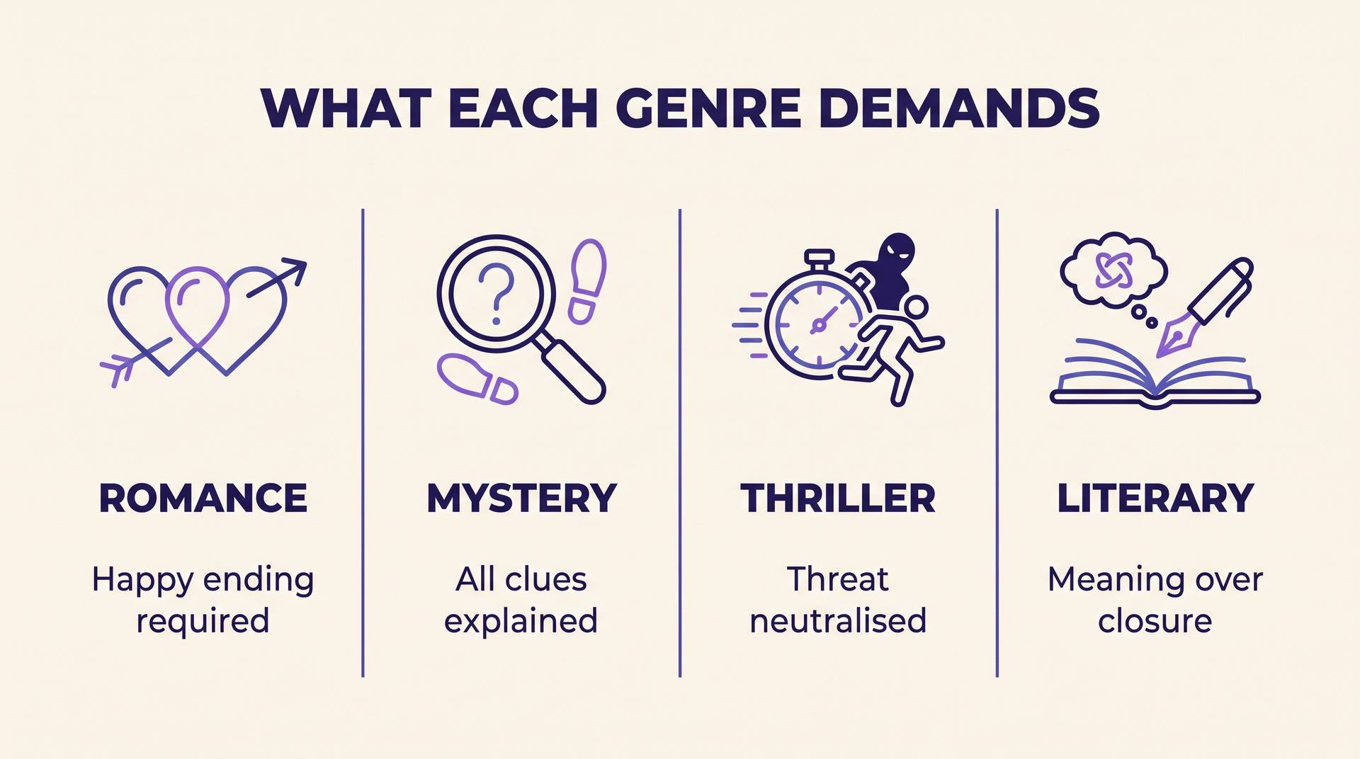 Comparison of ending requirements across romance, mystery, thriller and literary fiction