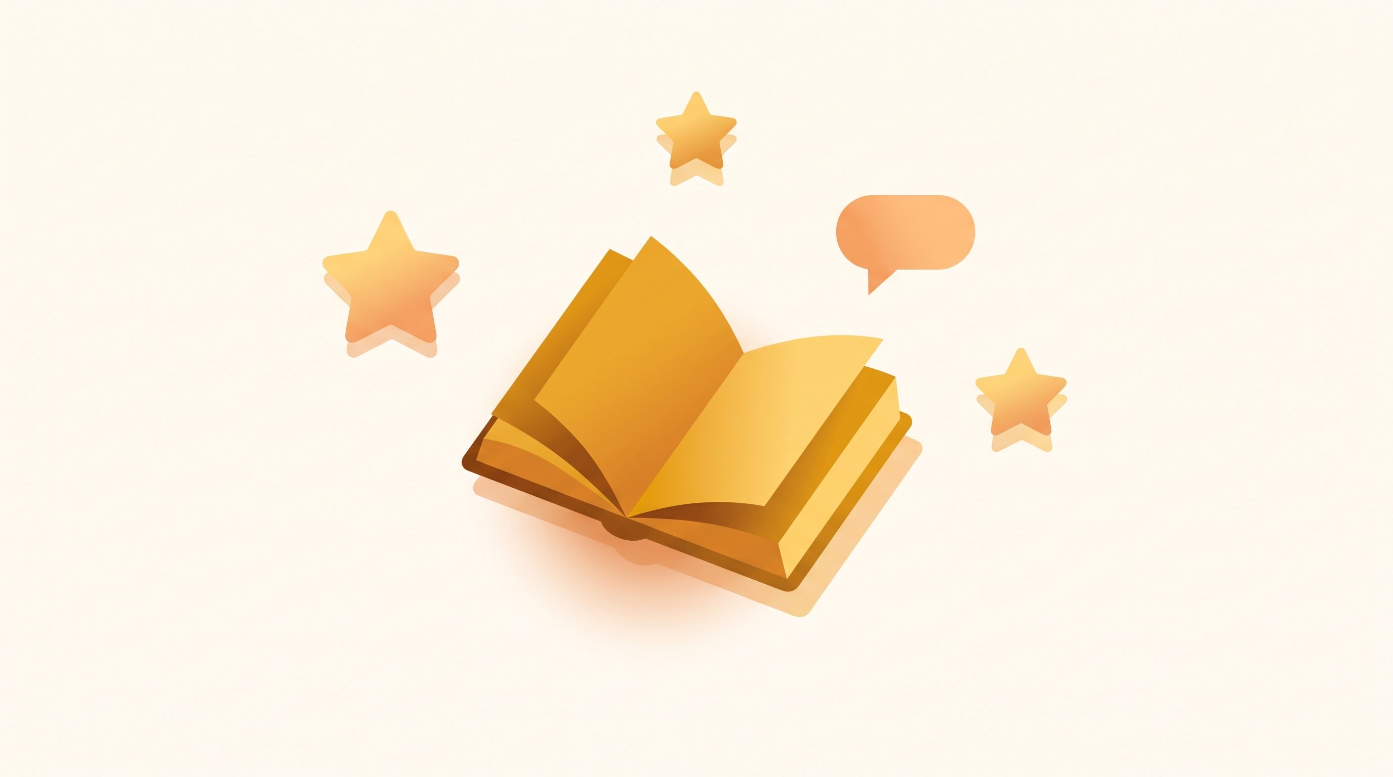 A book surrounded by floating five-star ratings and a review speech bubble
