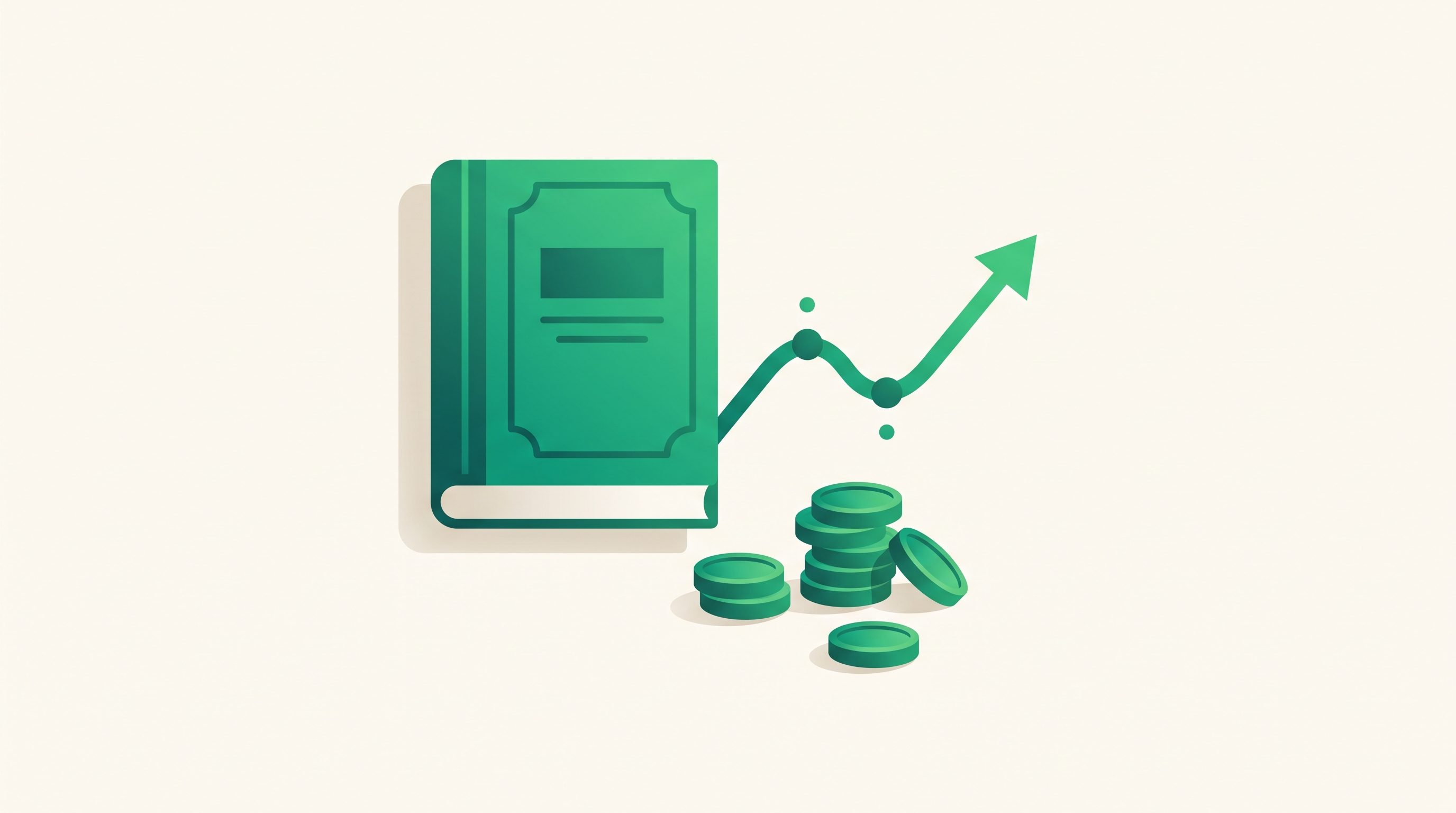 A book beside a rising income chart and a stack of coins, representing earning money on Amazon