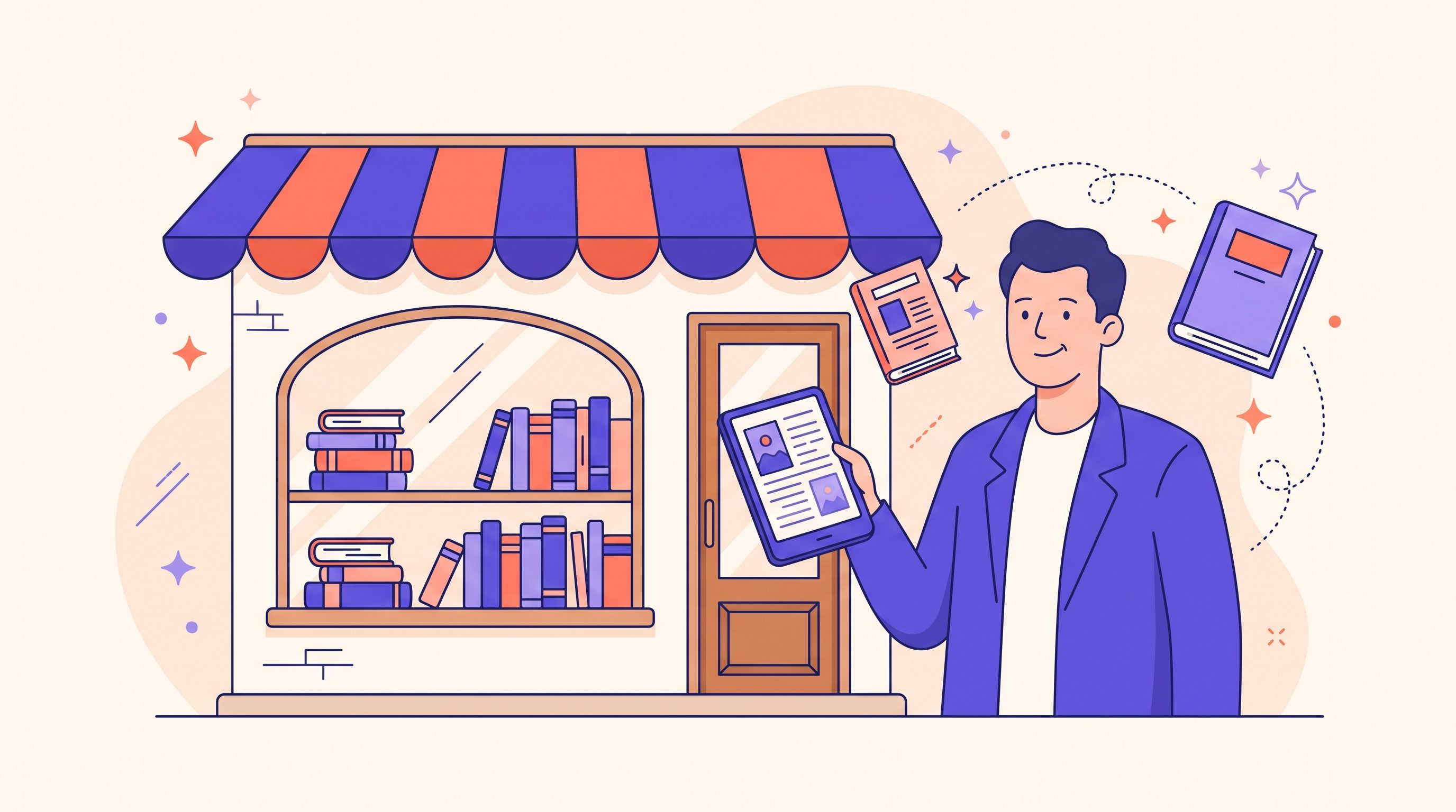 Un auteur à côté de la devanture d'une librairie Barnes & Noble, tenant une liseuse avec un livre broché et une reliure rigide à proximité