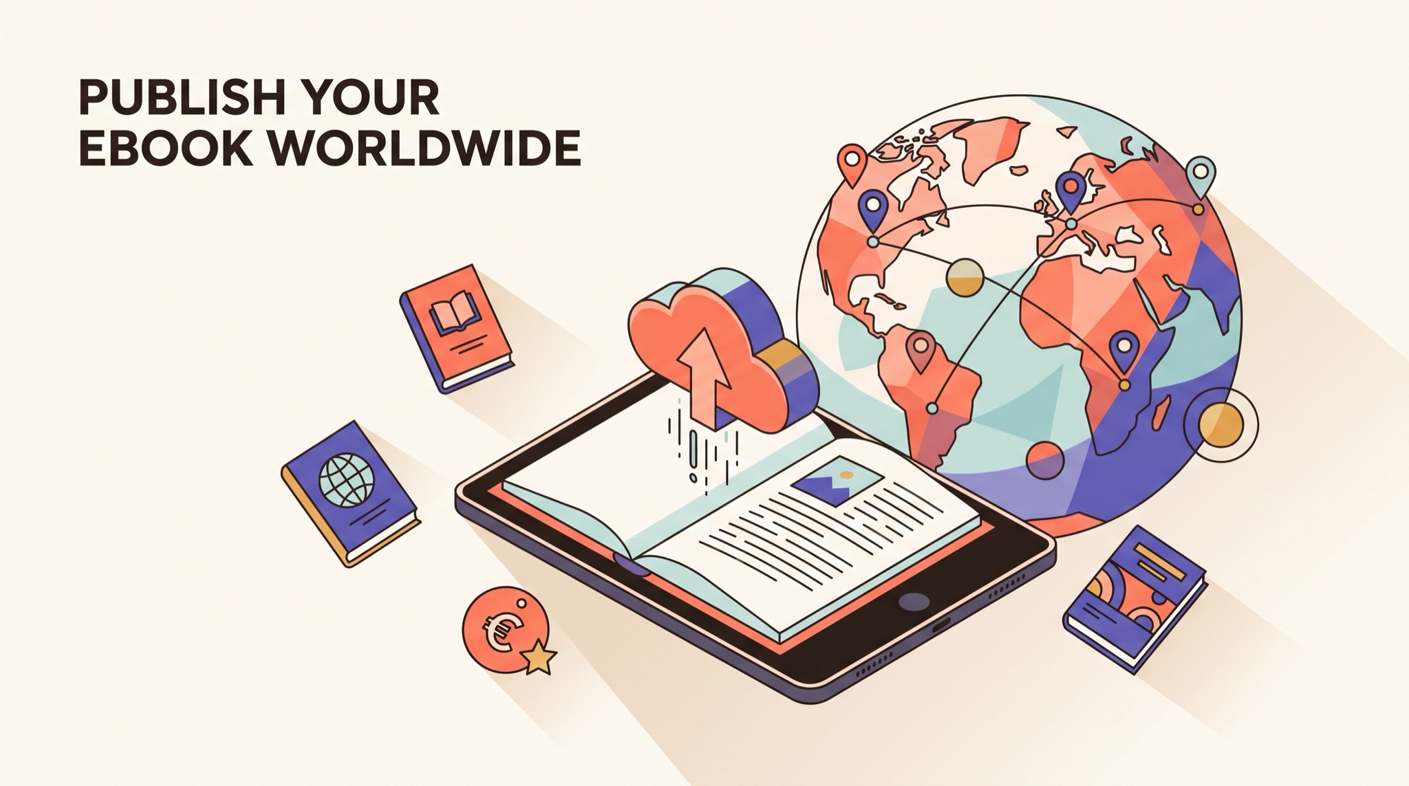 Illustration of a tablet showing an open ebook uploading to the cloud beside a globe with location pins, titled Publish Your Ebook Worldwide
