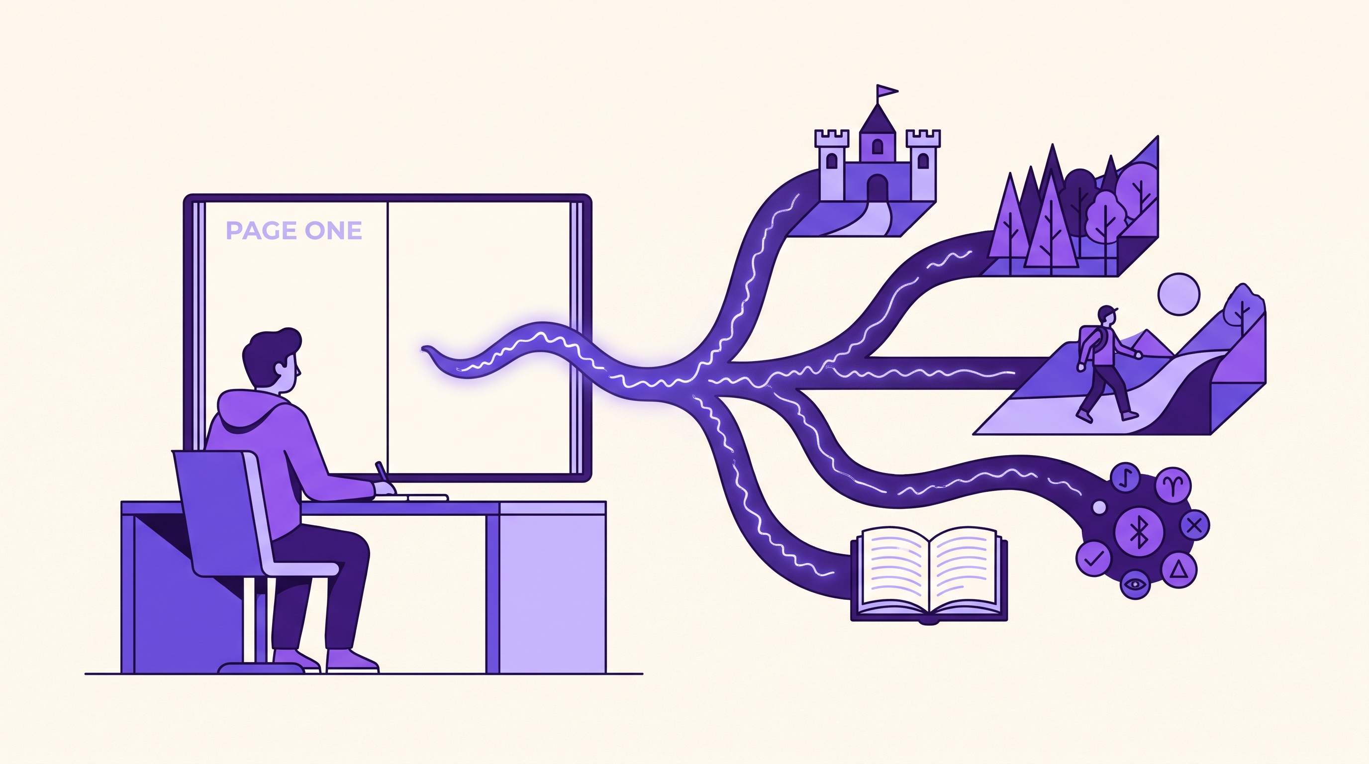 A writer at a blank first page, with one glowing opening sentence branching into five different story paths
