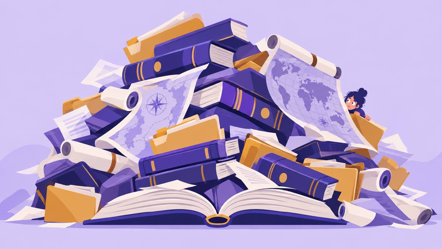 Illustration of an open book buried under a toppling pile of scrolls, maps and folders, with a small reader peeking out