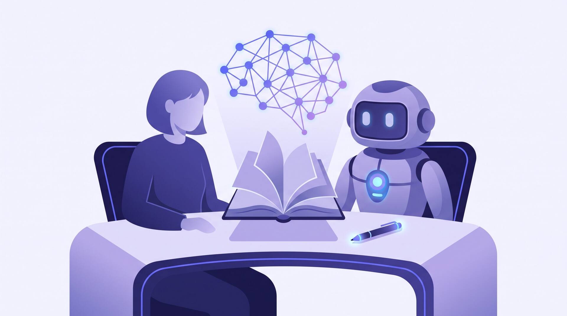 A human author and a friendly AI robot collaborating at a desk over an open book with a glowing neural-network pattern above