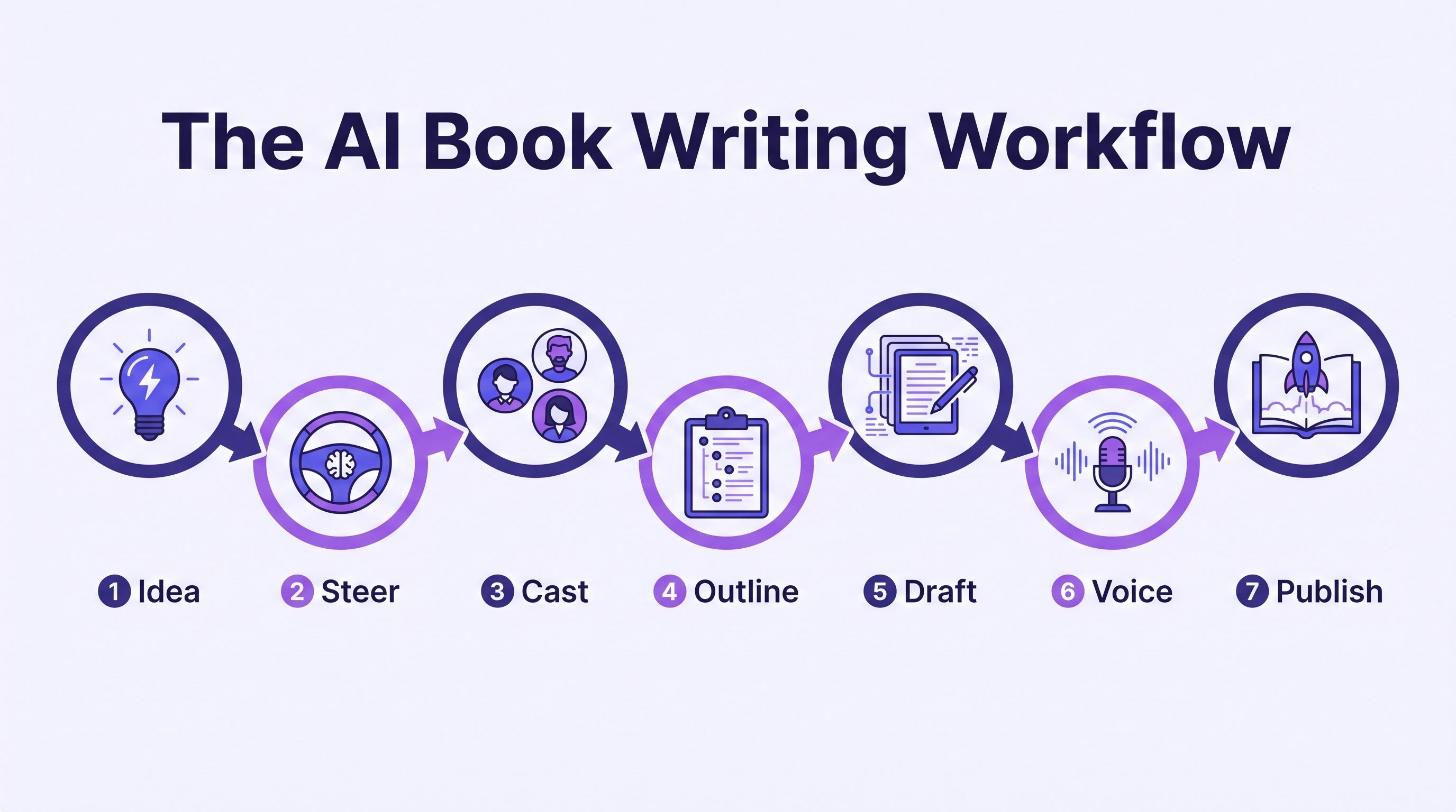 Infographic of the AI book writing workflow in seven steps: idea, steer, cast, outline, draft, voice, publish