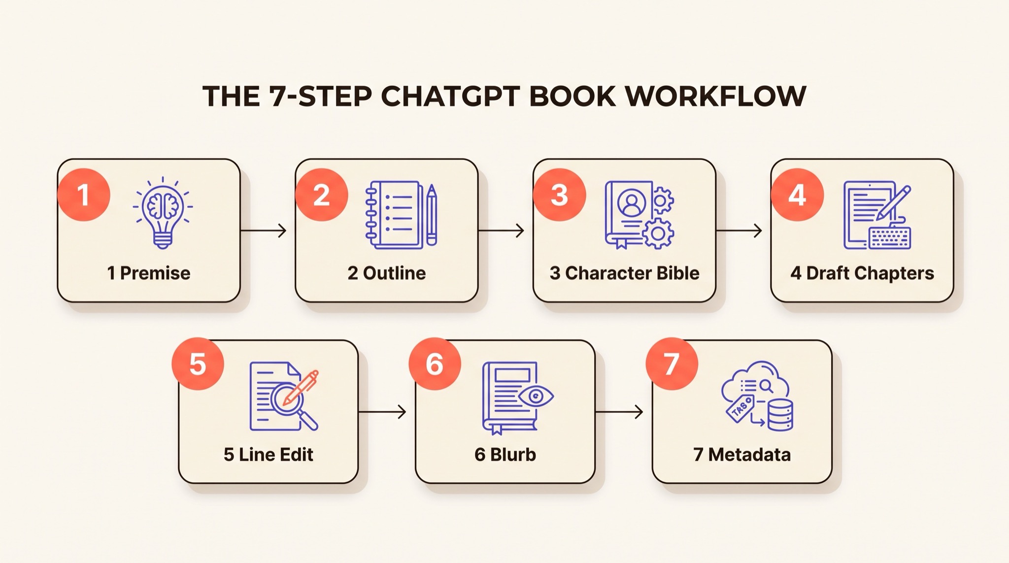 Siebenstufiger ChatGPT-Buch-Workflow: Prämisse, Gliederung, Charakter-Bibel, Kapitelentwürfe, Lektorat, Klappentext und Metadaten