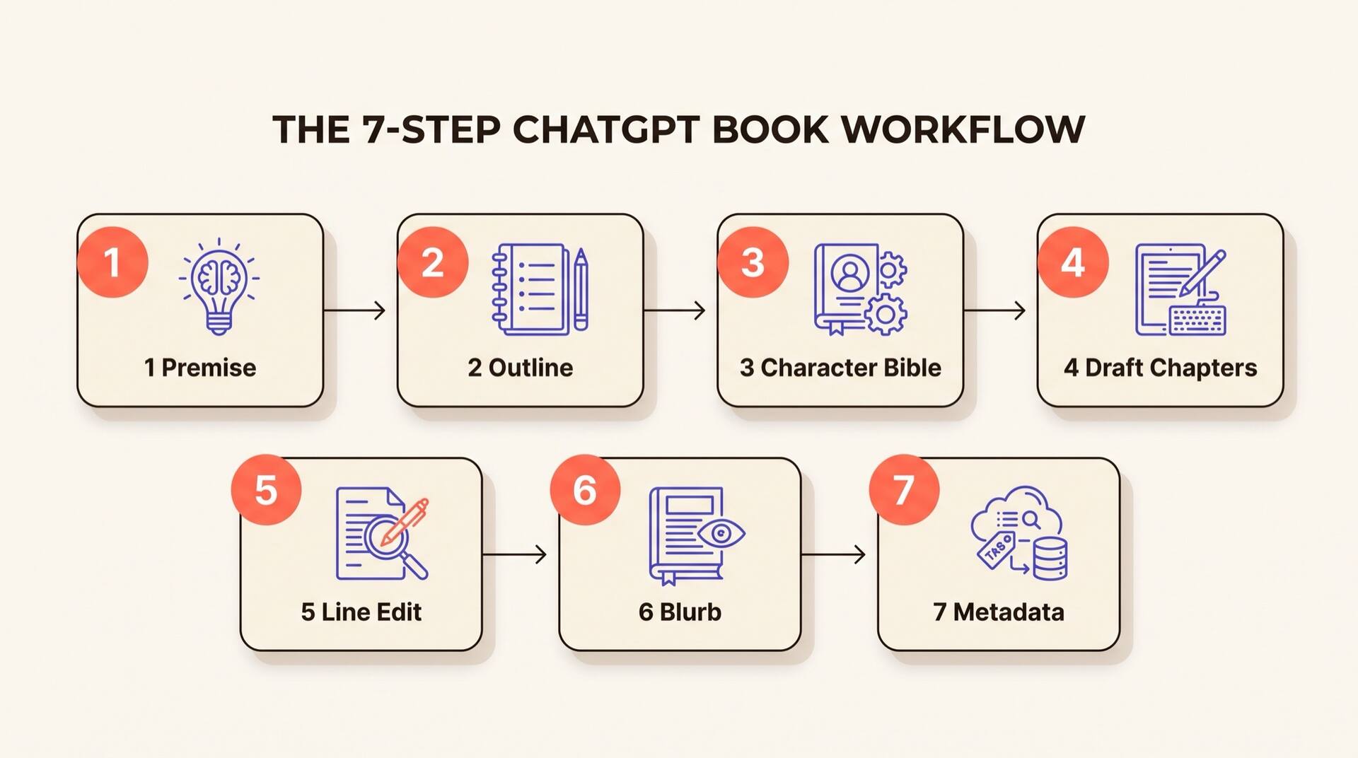 Flusso di lavoro in sette passaggi per scrivere un libro con ChatGPT: Premessa, Scaletta, Bibbia dei Personaggi, Bozza dei Capitoli, Editing, Quarta di copertina e Metadati