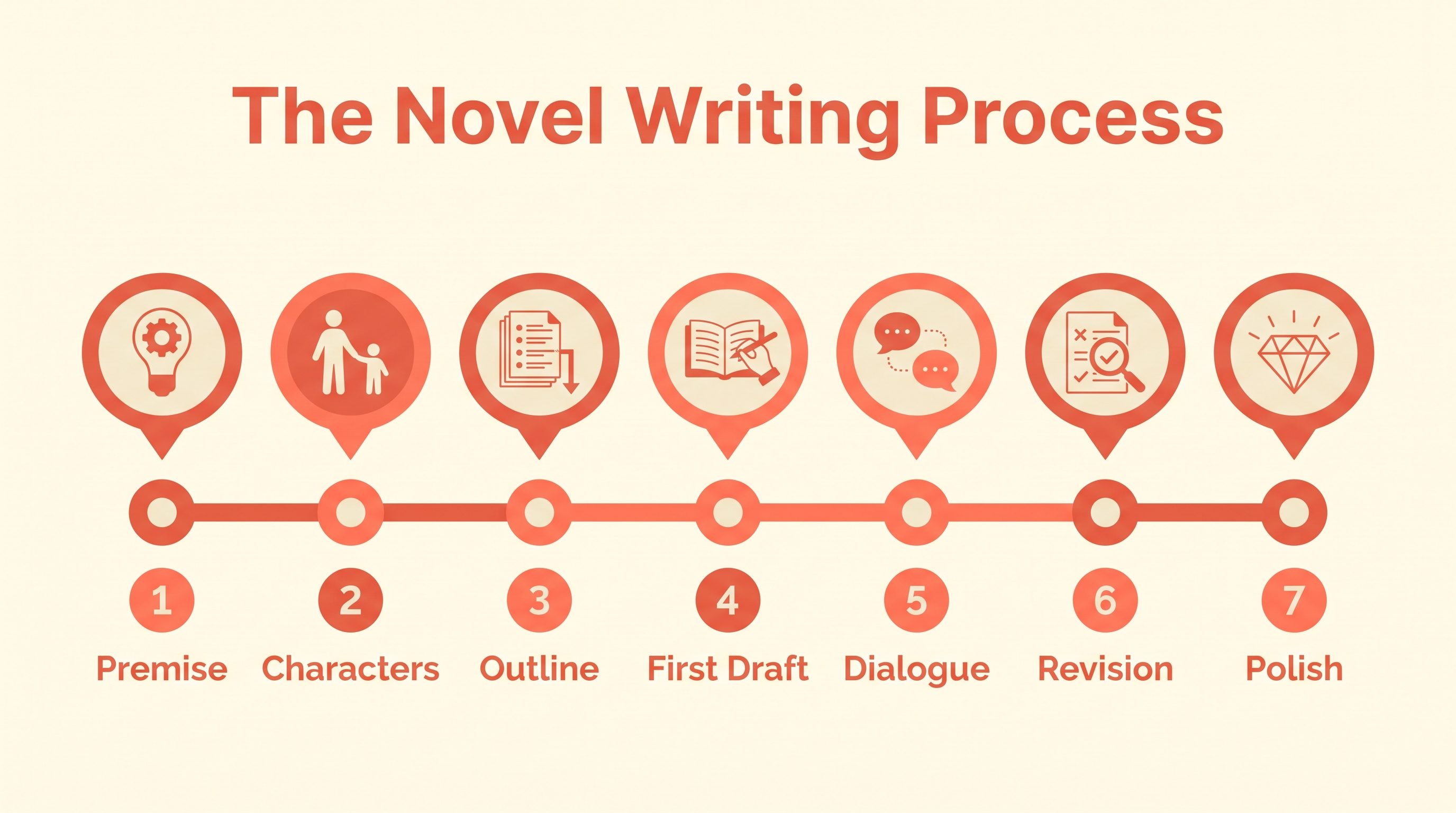 Infographic of the novel writing process in seven stages: premise, characters, outline, first draft, dialogue, revision, polish