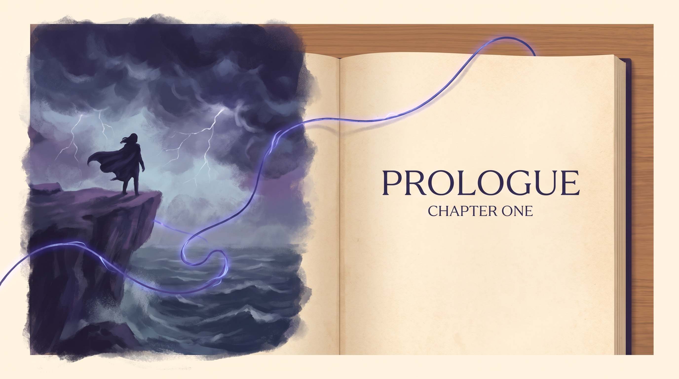 A stormy scene fragment connected by a glowing thread to a manuscript page headed Prologue and Chapter One