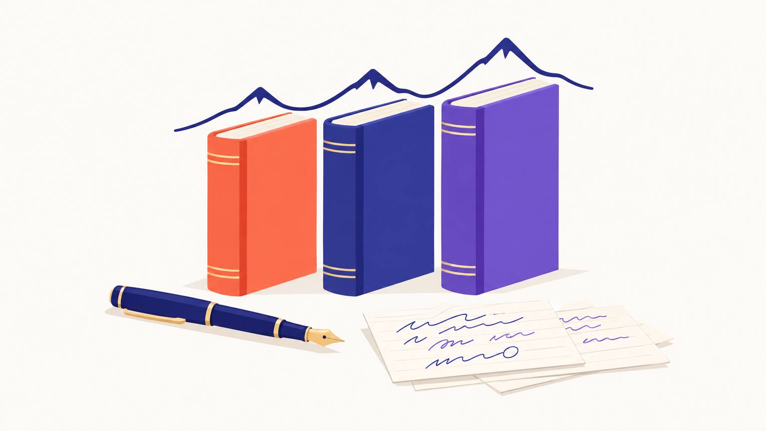 Three hardcover books side by side under a single mountain-range line with one peak above each book and the highest peak above the third