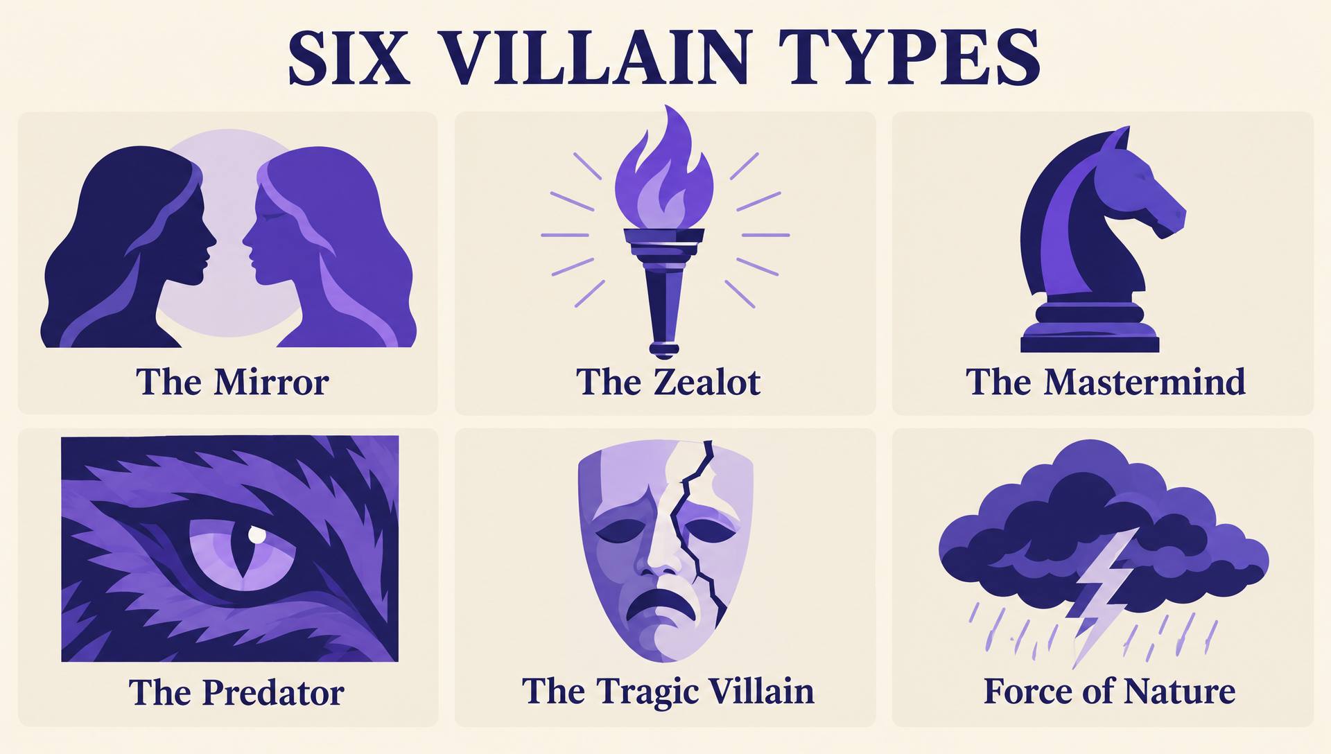 Six villain types: The Mirror, The Zealot, The Mastermind, The Predator, The Tragic Villain, and Force of Nature