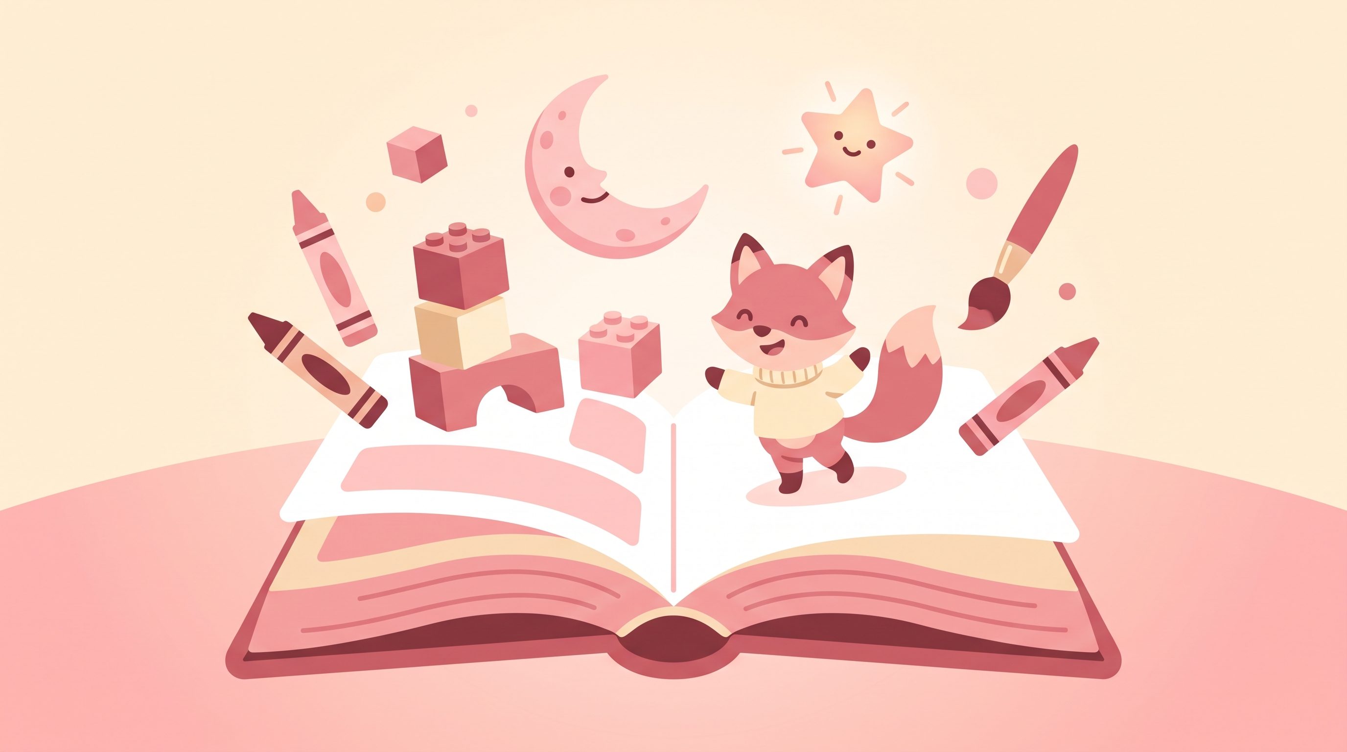Livro ilustrado infantil aberto com um personagem de raposa amigável, lua, estrela, blocos de montar, giz de cera e um pincel